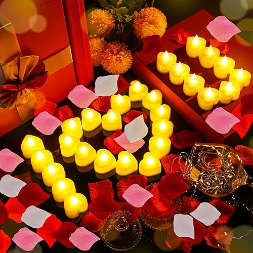 Miniatura 5 de Honoson Juego de 24 velas LED sin llama con 1000 pétalos artificiales para una noche romántica, boda, fiesta, aniversario, decoración de San