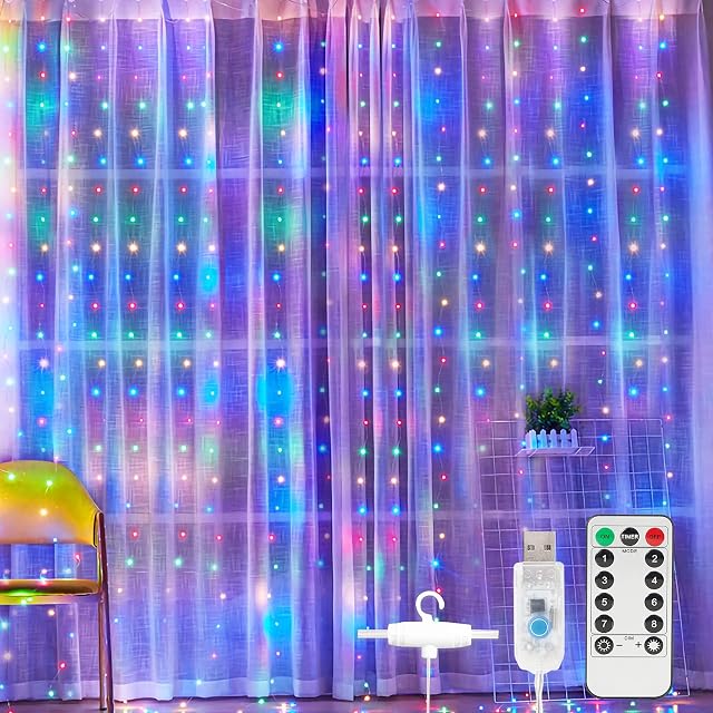 SUNNEST Curtain Lights, 300 LED Curtain Fairy Lights 3mx3m USB Window String Lights with 8 Modes Remote Control Timer for Outdoor Indoor Wedding Party Garden Decoration