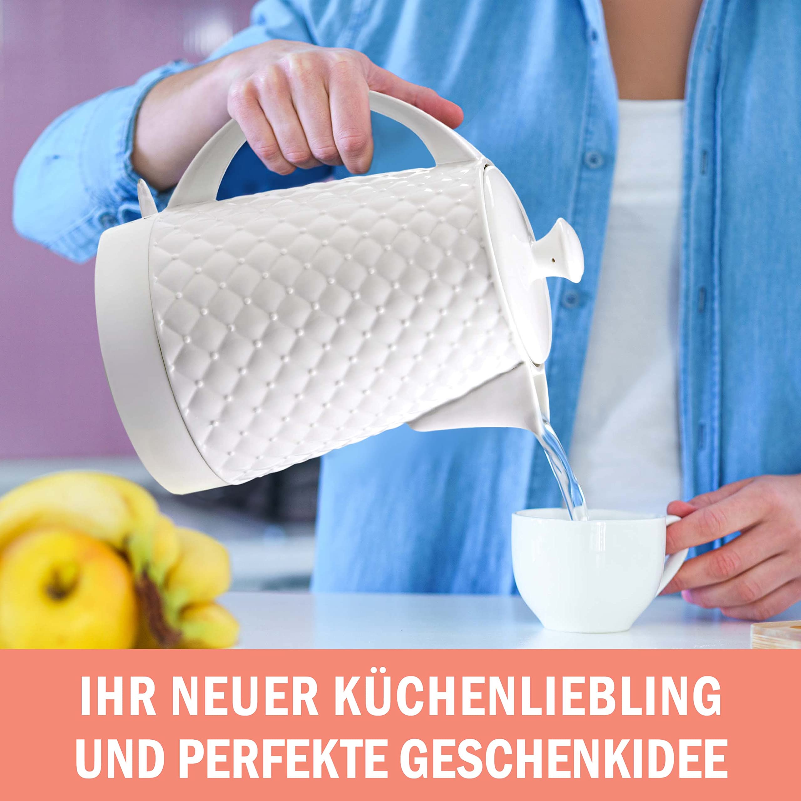 Elektrischer Wasserkocher aus hochwertiger Keramik mit 1,8 Liter Fassungsvolumen, modernes Gesteppt-Design, abnehmbarer Deckel, Farbe: weiß, Teekessel,Teekocher, Teakettle Porzellan Ceramik