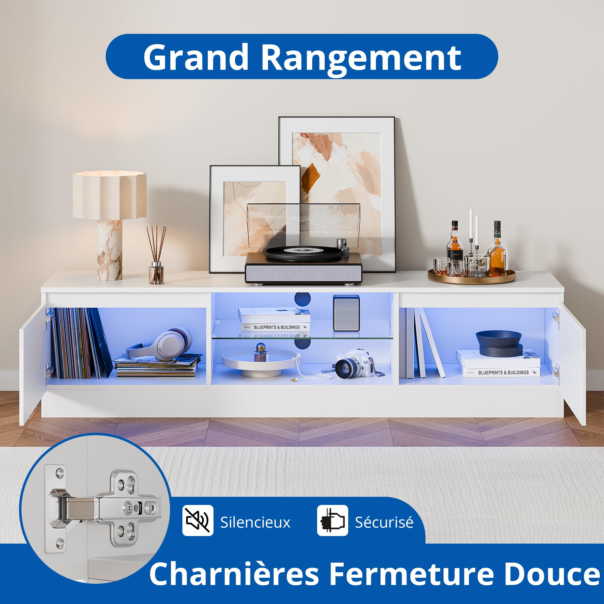 160 cm TV Schrank für Fernseher bis zu 70 Zoll, TV Board mit 16 Farben LED Beleuchtung und 2 Türen, Lowboard Stehend, Fernsehtisch für Schlafzimmer, Wohnzimmer, Esszimmer (Weiß)