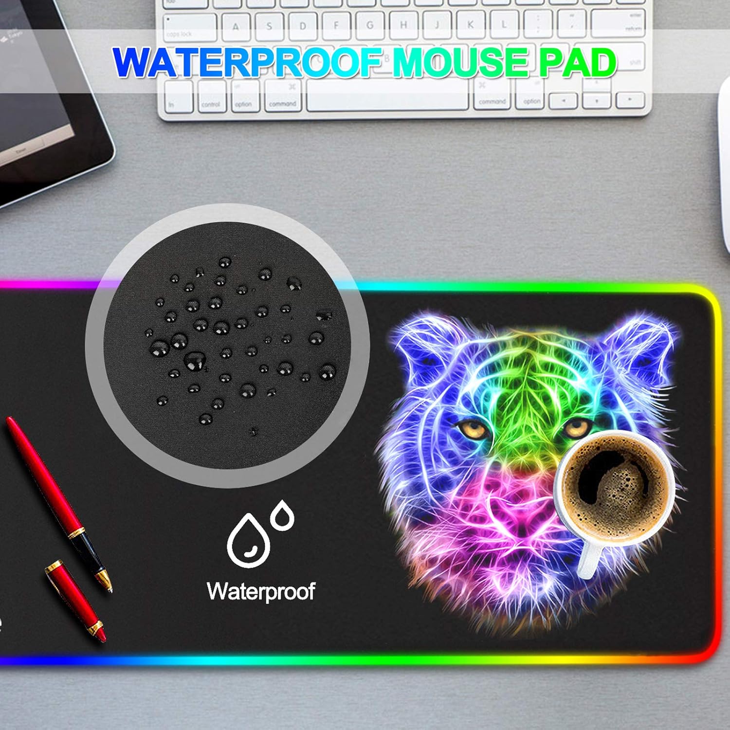 RGB Gaming Mouse Pad - 14 Light Modes Extended Computer Keyboard Mat, Anime LED Large High-Performance Pad for Gamers 31.5 X 12in (Tiger)