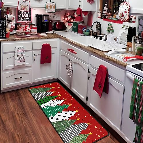 Miniatura 9 de Juego de 2 alfombras y tapetes de cocina rojos de búfalo con diseño de árboles de Navidad, decoración de piso de bajo perfil para fiestas de