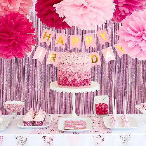 Miniatura 5 de Paquete de 4 cortinas de flecos de papel de oropel rosa de 3.3 x 8.03 pies para decoración de fiesta rosa, cumpleaños, día de San Valentín, boda,