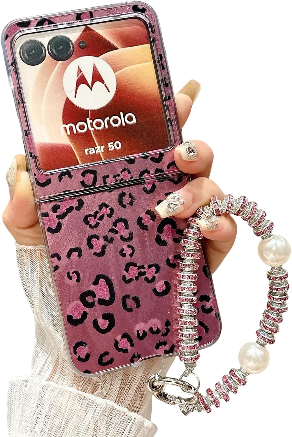 for Motorola Razr 2024/2025 Case with Lanyard Wrist Strap, Cute Cheetah Leopard Print Retro Aesthetics Design Slim Shockproof Protective Bumper Glitter Shiny Phone Cover Pink Razr 2024/2025