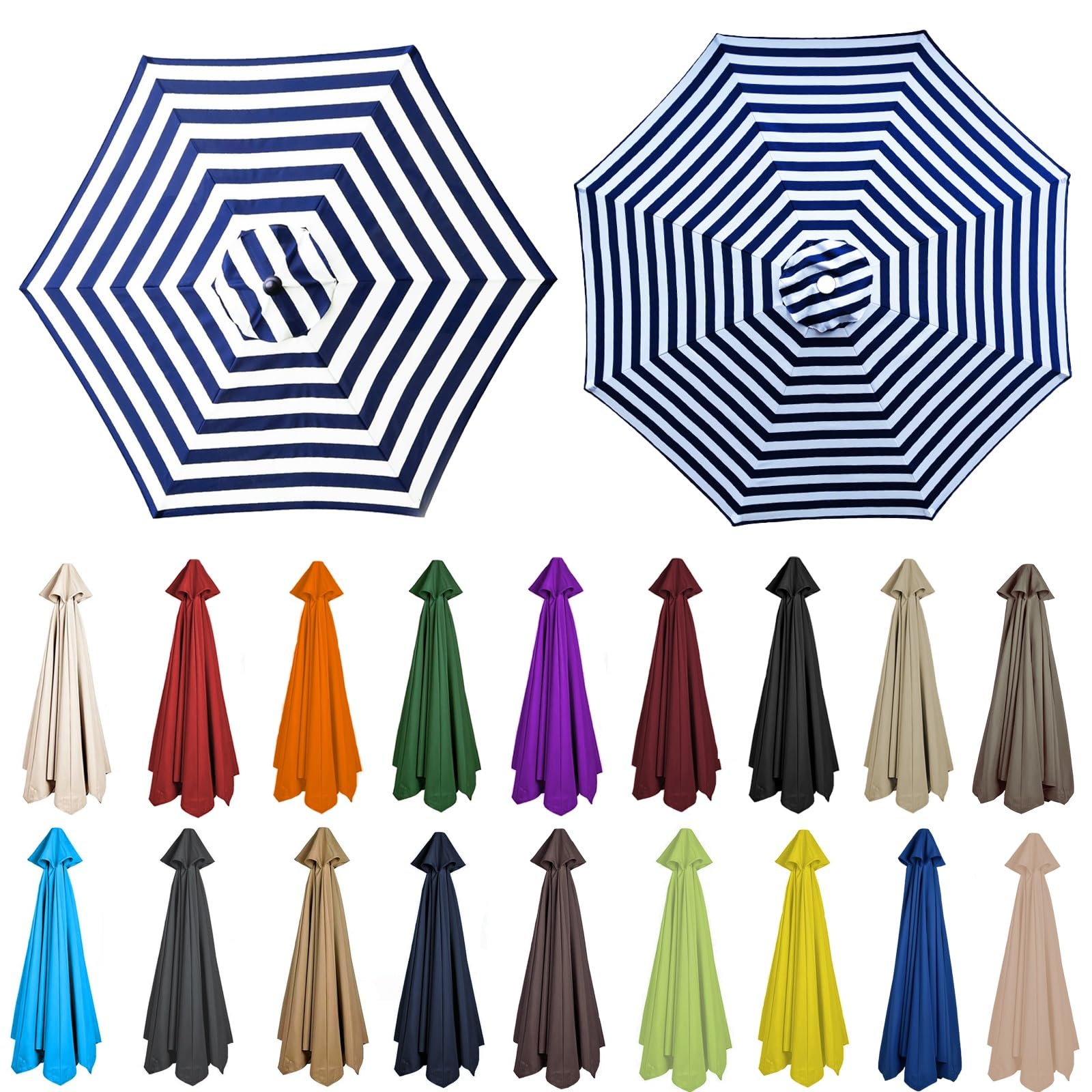 Garden Replacement Parasol Fabric Cover 6/8 Ribs Outdoor Parasol Top Fabric Cover Sunshade Cloth Waterproof Anti-UV(Blue+white,6 RIBS: 270CM/8.8FT)