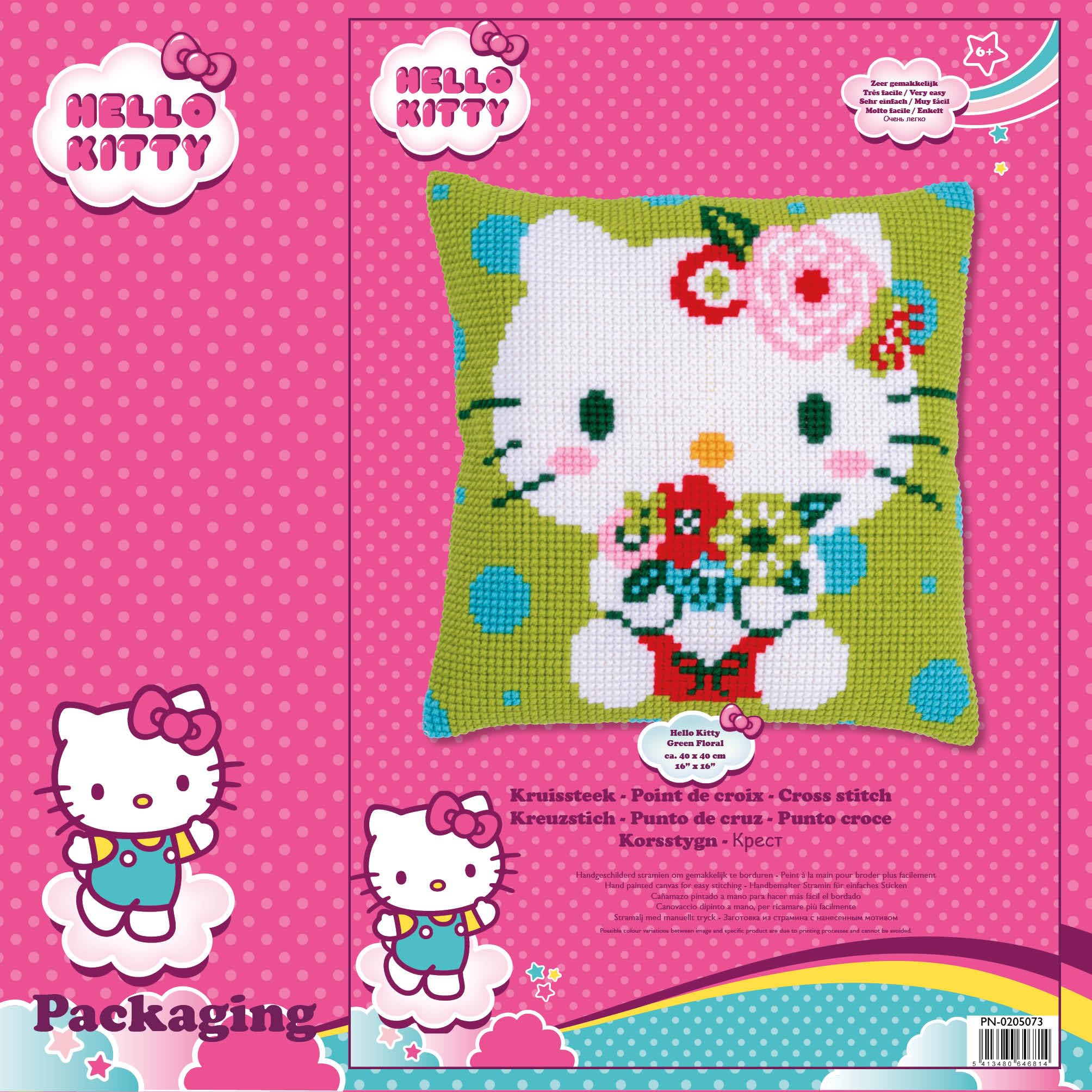 Vervaco Kit Cuscino Punto Croce HELLO KITTY VERDE FLOREALE Set Ricamo Principianti Cuscini Gobelin Decorativi ca. 40 x 40 cm Accessori Per Lavoretti Creativi DIY Casa Decor Hobby Adulti Cross Stitch