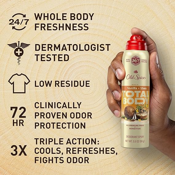 Old Spice Whole Body Deodorant Spray for Men, Aluminum Free, 24/7 Odor Protection, Dermatologist Tested, Gentle on Skin, Safe for Chest, Thighs, Feet, Whole Body Use, Vanilla + Shea Scent, 3.5 oz