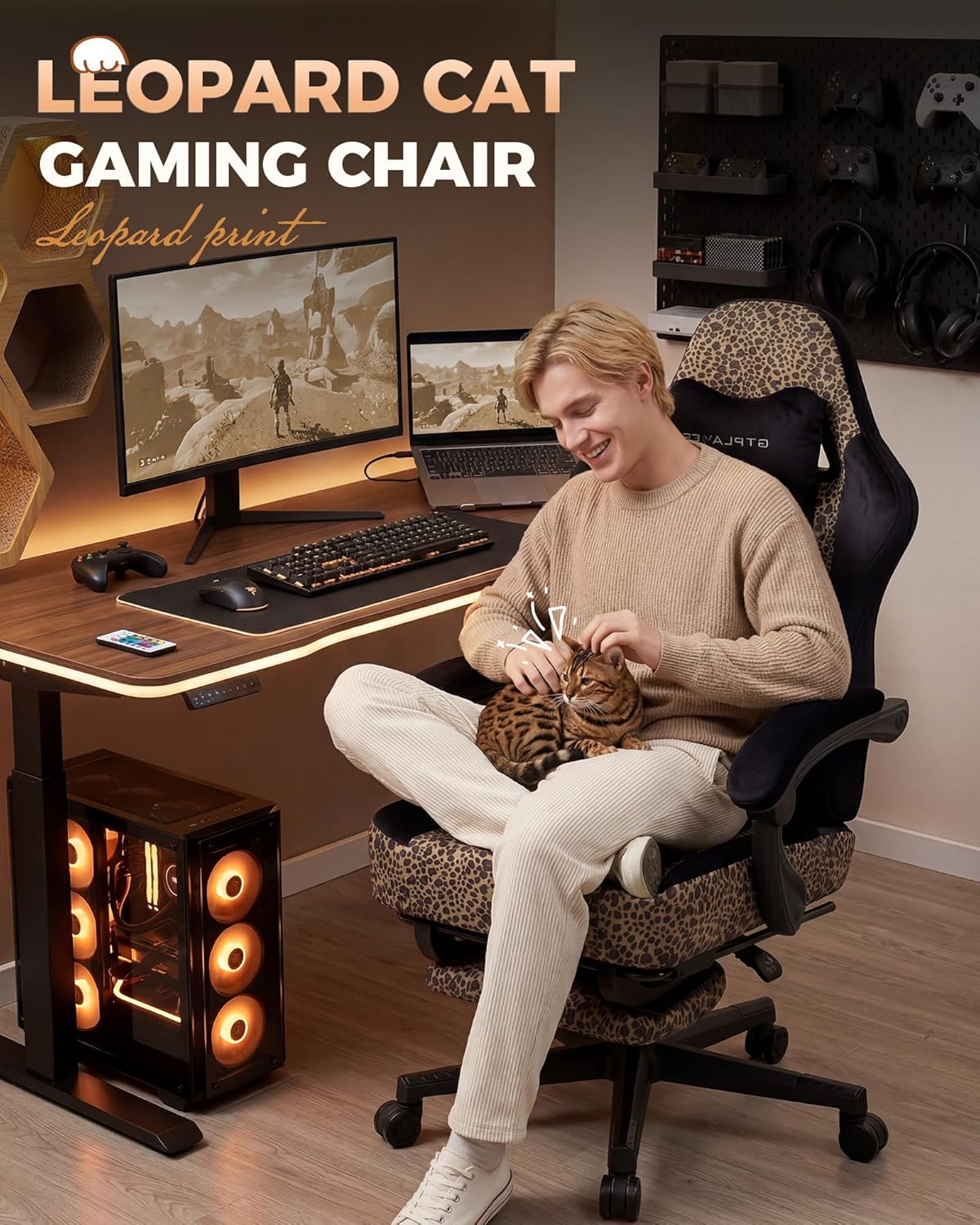 GTPLAYER Gaming Chair with Leopard Cat, Cute Velvet Fabric Ergonomic Computer Chair with Footrest Headrest and Lumbar Support, Big and Tall Comfortable Video Gamer Chair for Adult, Boy and Girl