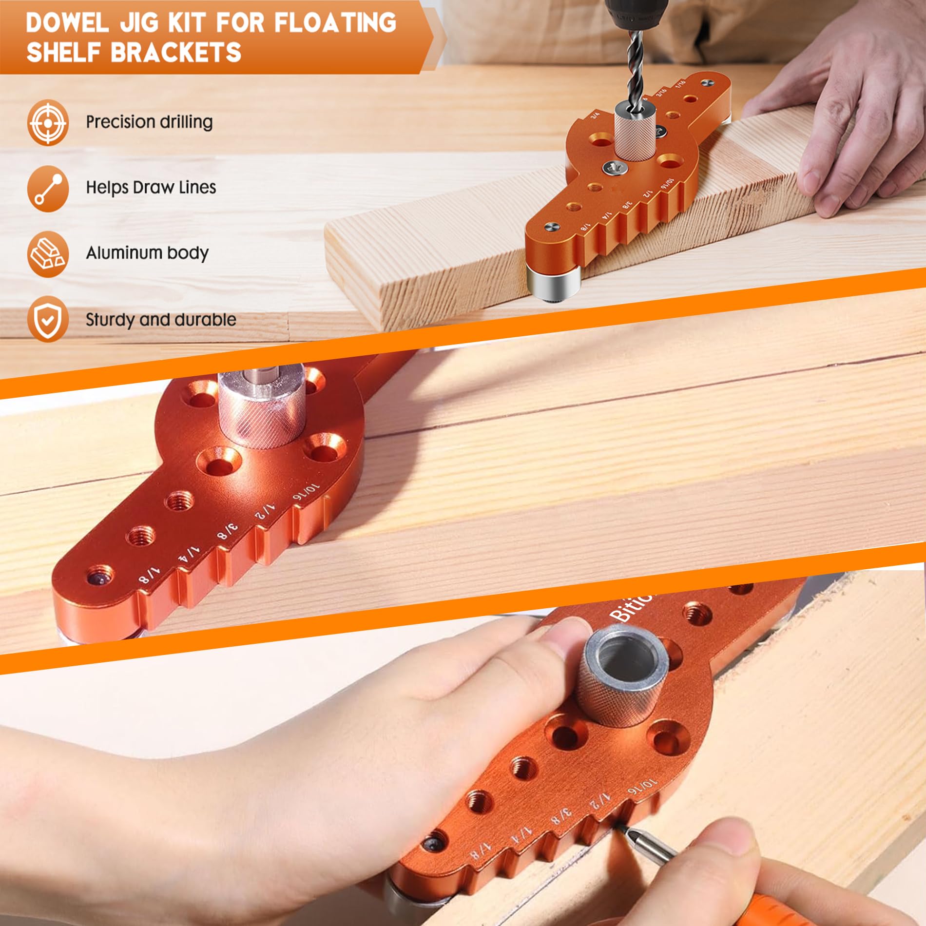 Kit de plantilla de clavija para soporte de estante flotante (broca de 1/2 x 11.8 pulgadas), trazador autocentrante (broca de 1/4 pulgadas, 5/16 pulgadas, 3/8 pulgadas), guía de taladro para soportes