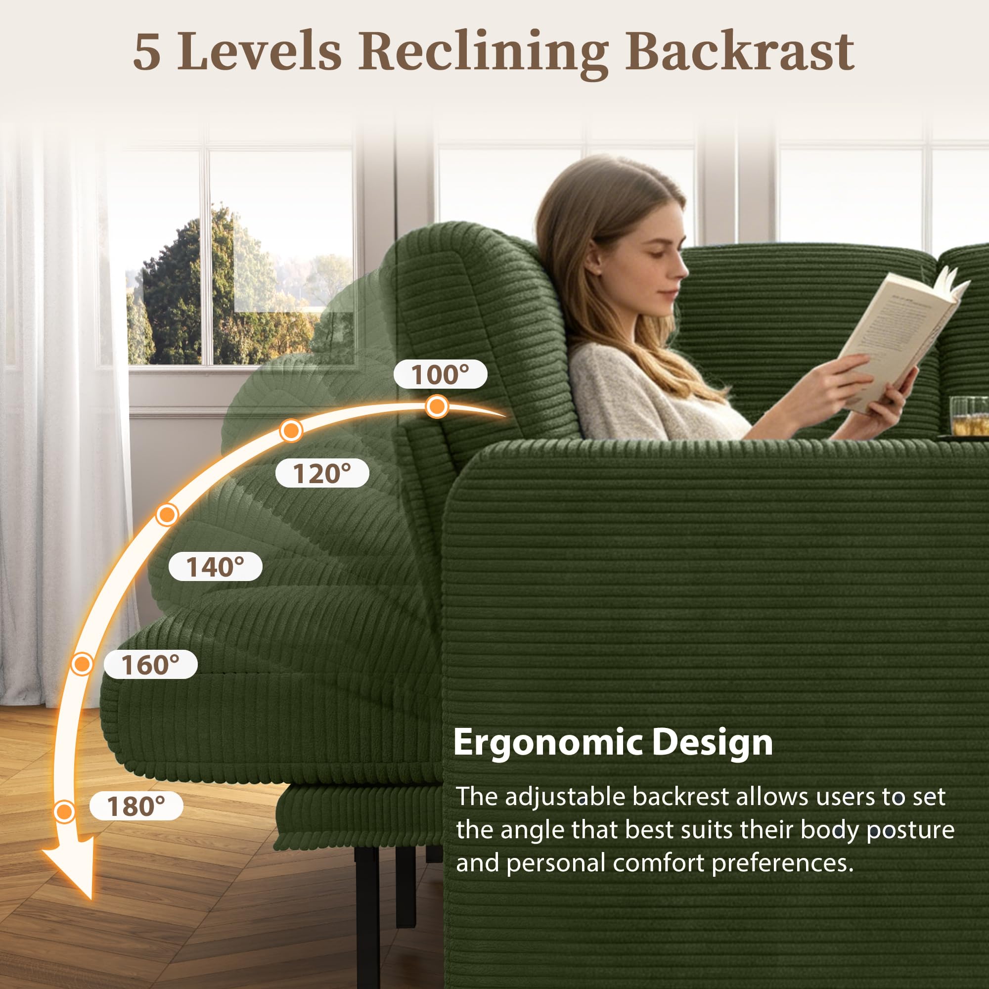 Sofá cama de 7 plazas en forma de U con cama nido, sofá modular en la nube con chaise longue de almacenamiento, puerto USB, respaldo ajustable, pana verde
