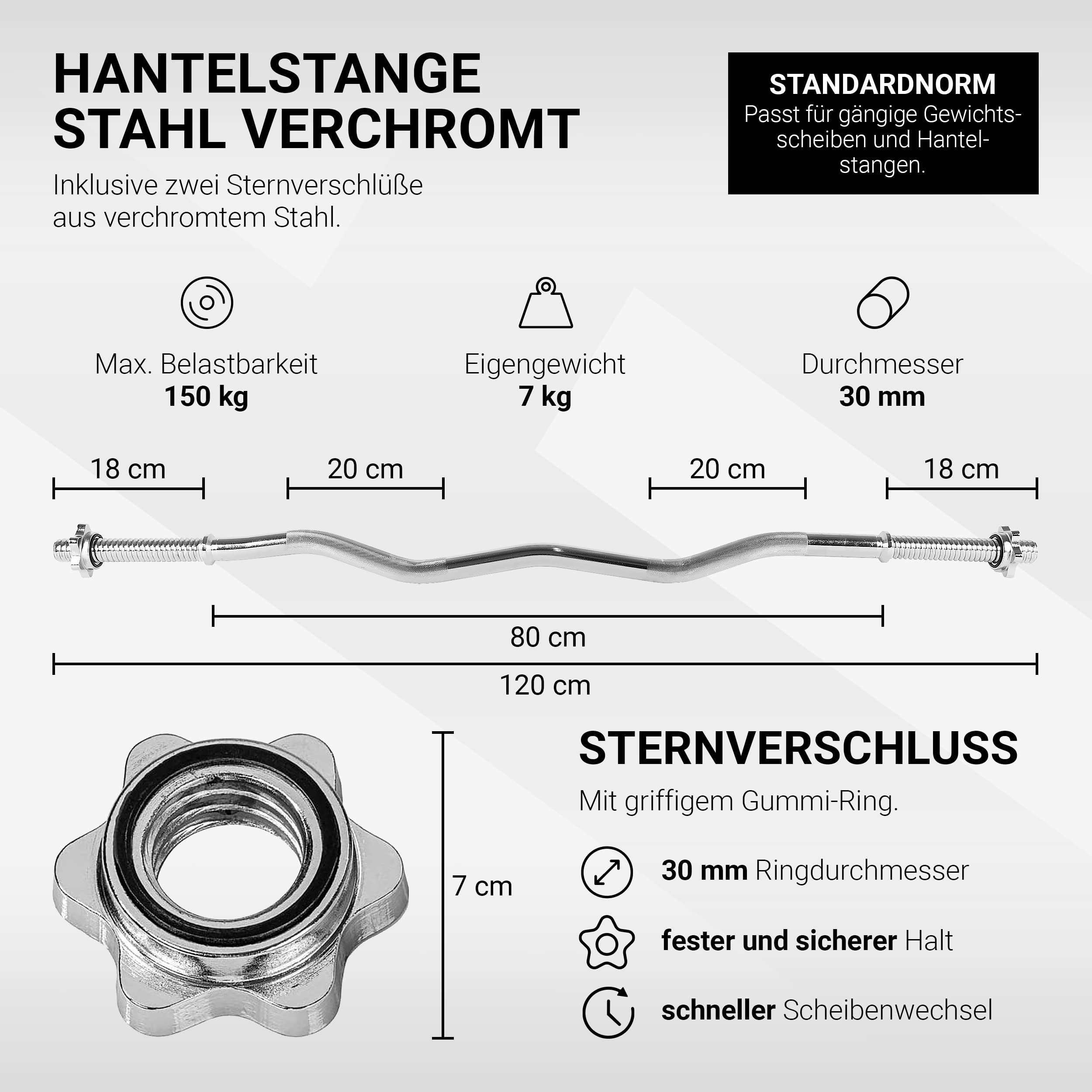 SZ Curl Drążek Premium, 30 mm z zamknięciem gwiazdowym – standardowy standard – do wyboru: 120 cm (7 kg) lub 130 cm (8 kg), chromowany lub czarny – hantle Curl sztanga do hantli