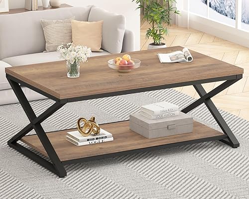 Miniatura 16 de HSH Mesa de Centro con Almacenamiento, Mesa Central de Sala de Estar Gris Estilo Granja, Mesas de Centro Rectangulares de Madera y Metal Industrial,