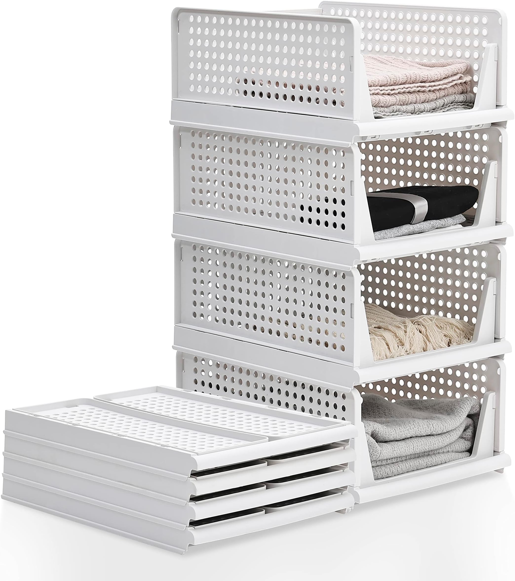 4 Pack Wardrobe Storage Organiser, Stackable Storage Drawers for Wardrobe, Plastic Clothing Closet Organiser Foldable Boxes Baskets Shelves for Closet Cabinet Pantry Laundry Organisation