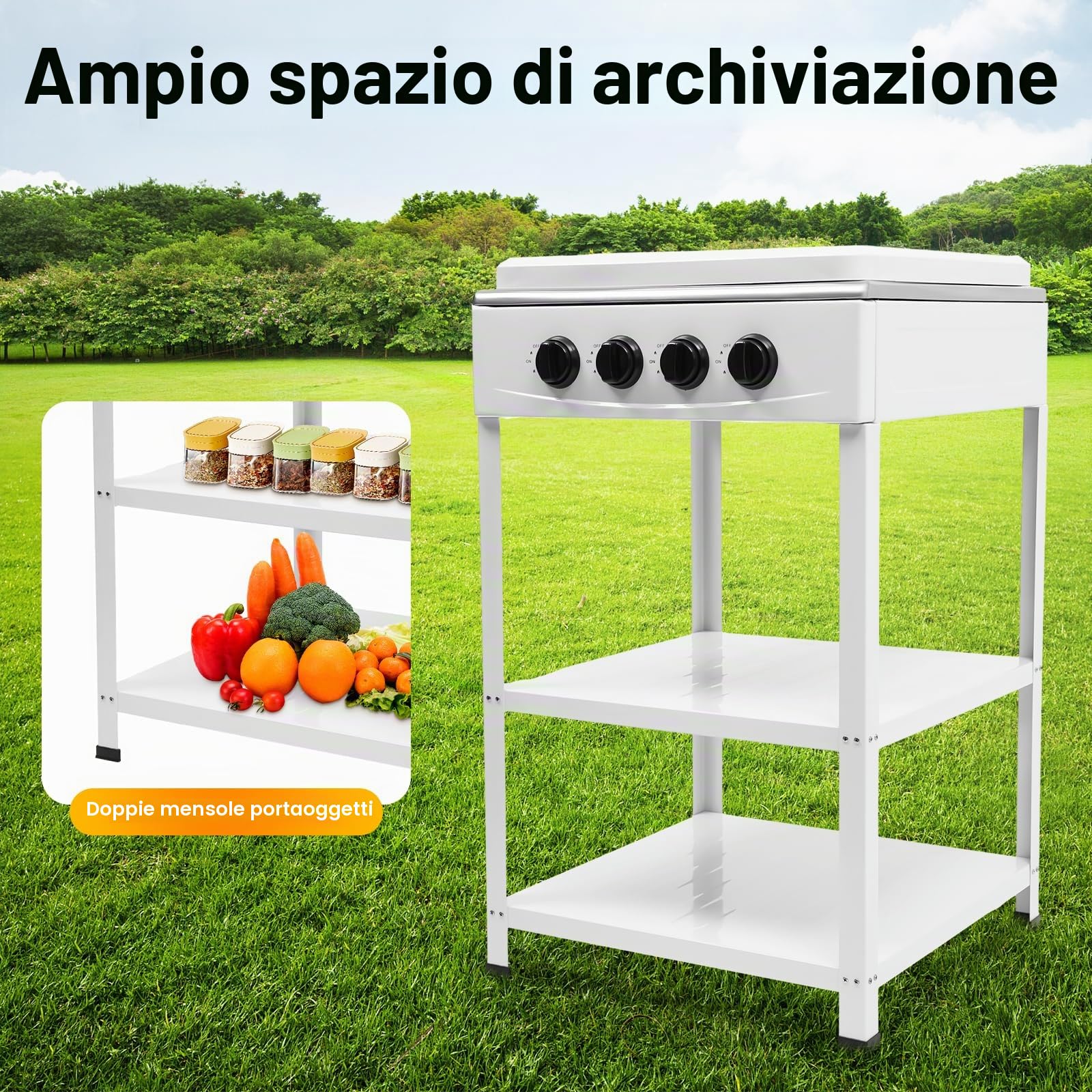 Fornello a gas naturale autoportante con 4 bruciatori, con ripiano a 2 piani, 4 coperture di protezione contro la polvere, fornello a gas portatile, per campeggio e auto