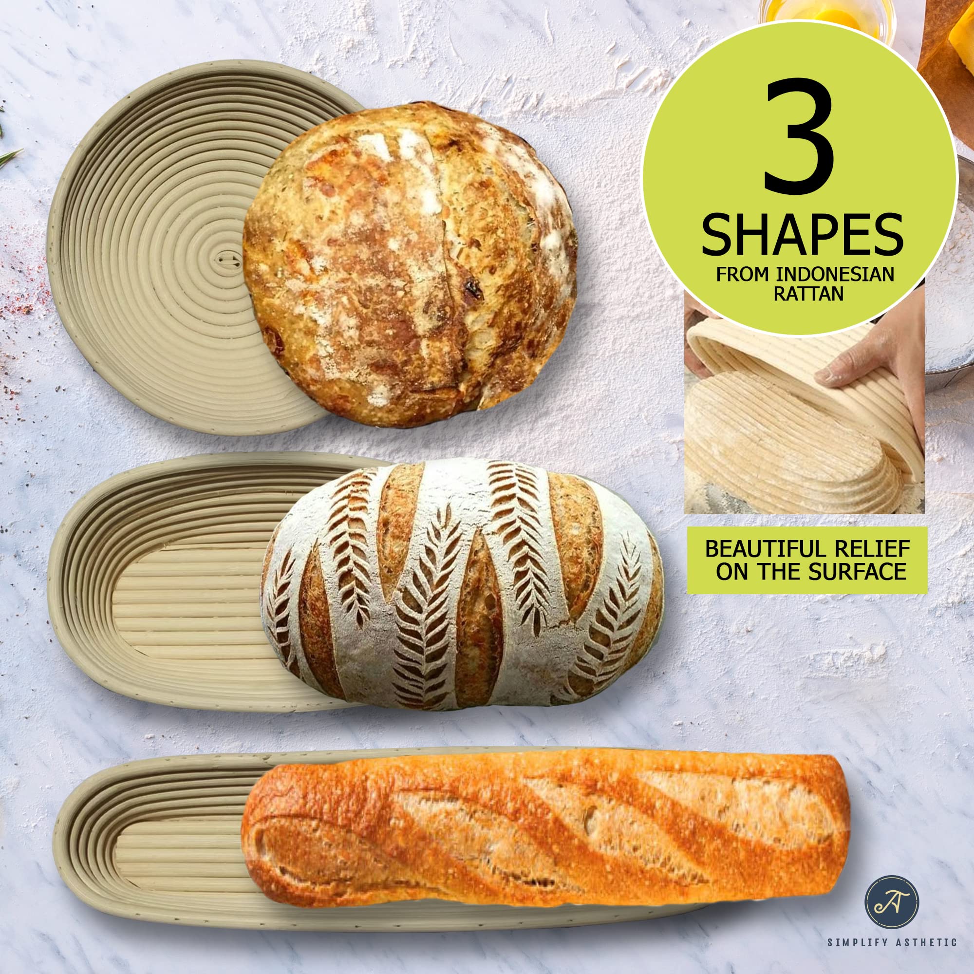 Banneton Brotgärkorb-Set – Brotbackzubehör – Brotbackzubehör – Brotbackwerkzeuge und Zubehör – Gärkörbe für Sauerteig, Brotbacken, Set von 7.6–22.9 cm, rund, 38.1 cm, Baguette mit 4 Backwerkzeugen