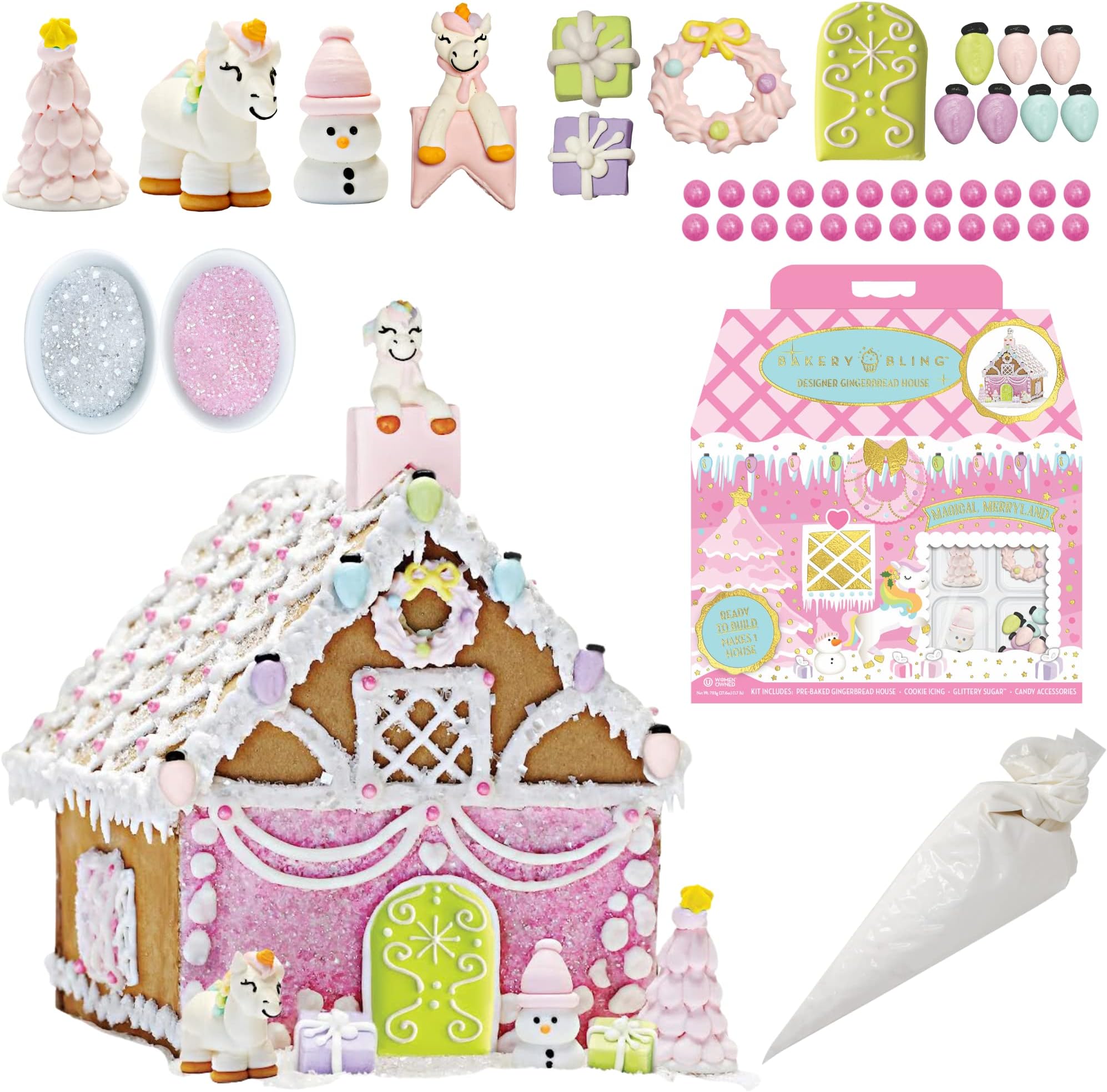 Gingerbread House Kits for Kids - Bakery Bling Unicorn Magical Merryland Christmas Gingerbread House Kit - Includes Pre-Baked Gingerbread House, Quick-Dry Icing, Glittery Sugar and Edible Figurines
