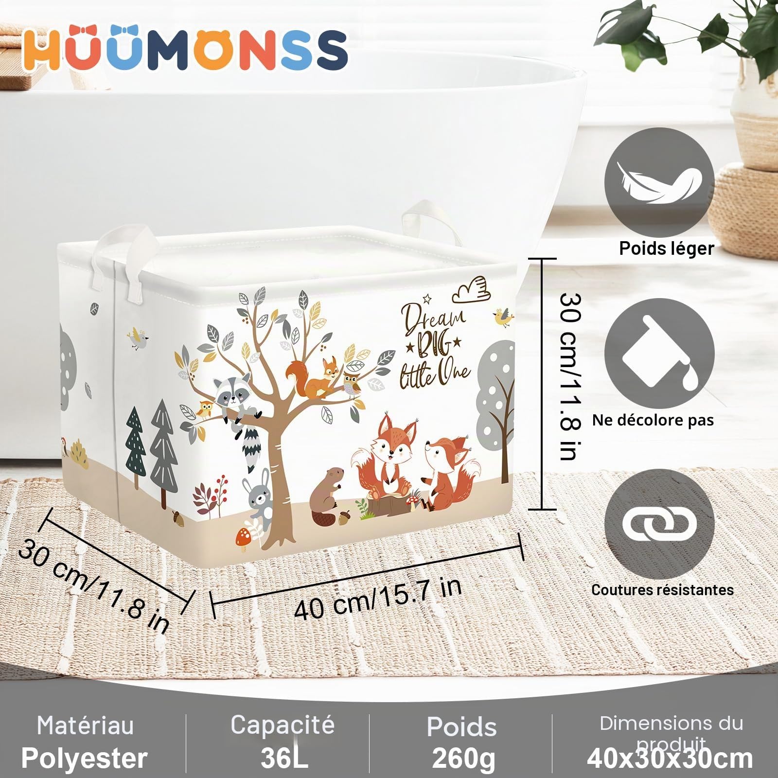Grand Corbeille a Linge Adorable Animal de la Forêt Repliable Panier Rangement Jouets Vêtements pour Maison, Renard, 36L
