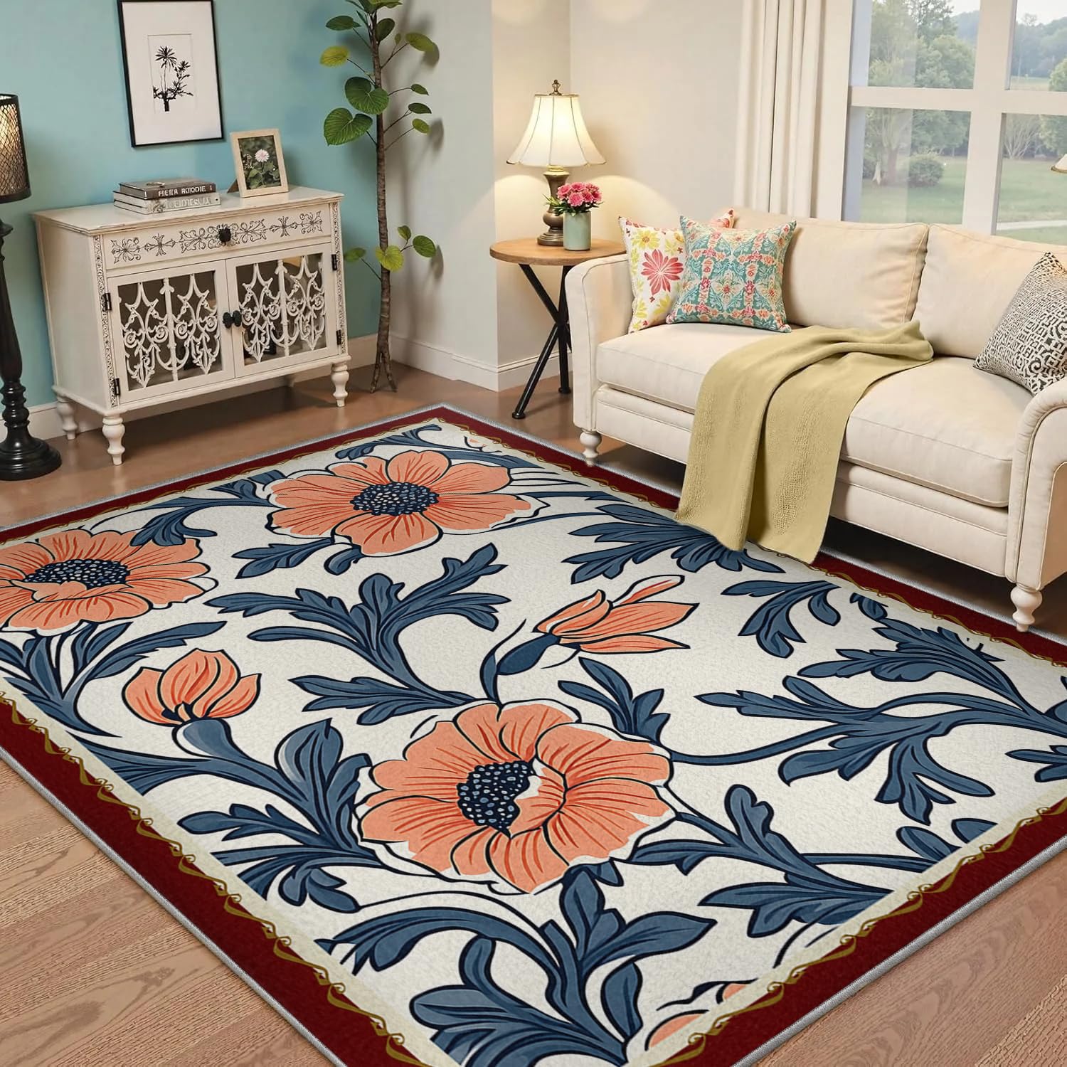 Tapis fleurs vintage orange : le charme d'une décoration de sol style ferme pour votre chambre