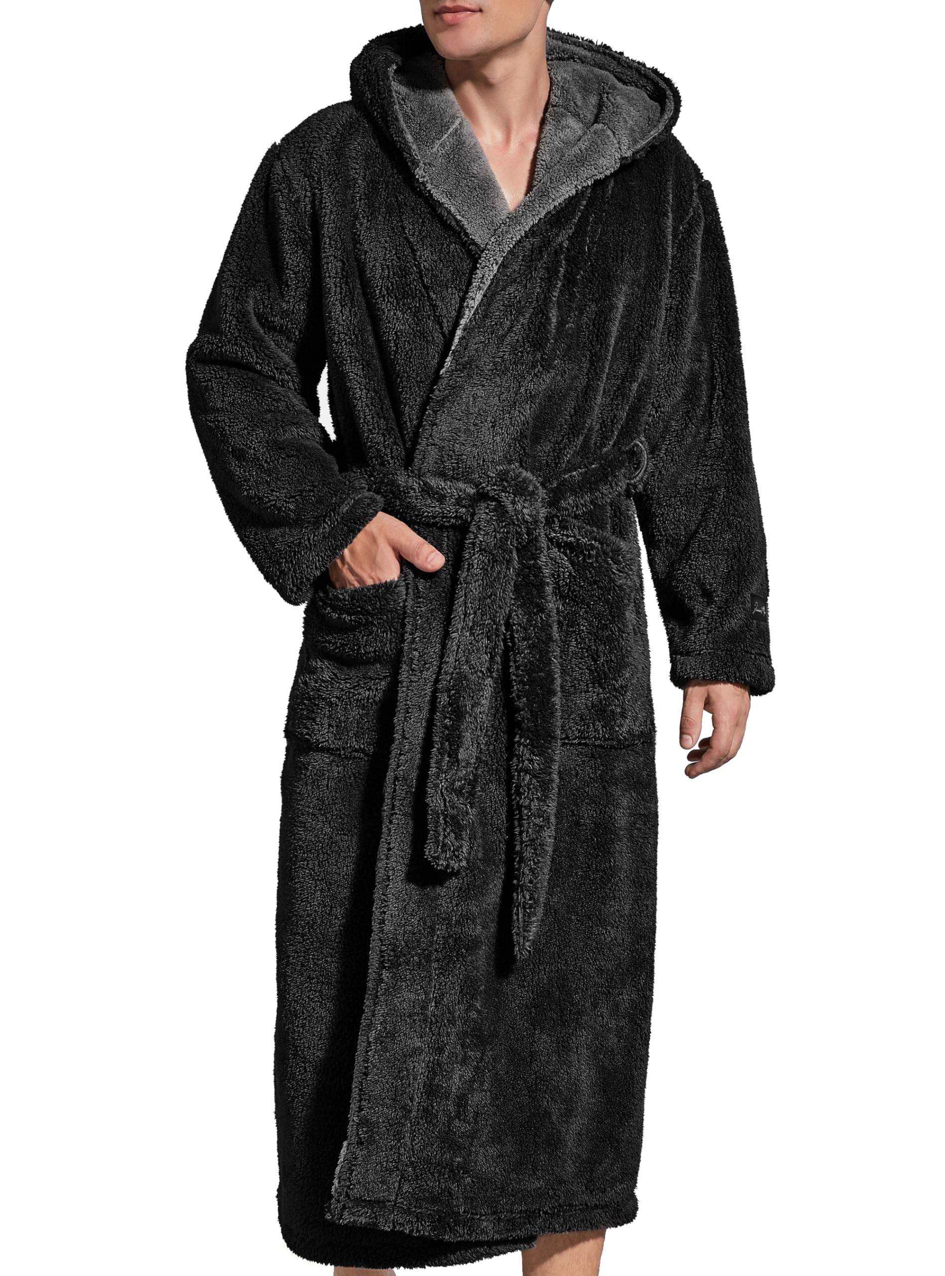 Mens Fleece Plush Robe with Hood Ultra Soft Fluffy Full Length Long with Pockets Luxurious House Coat