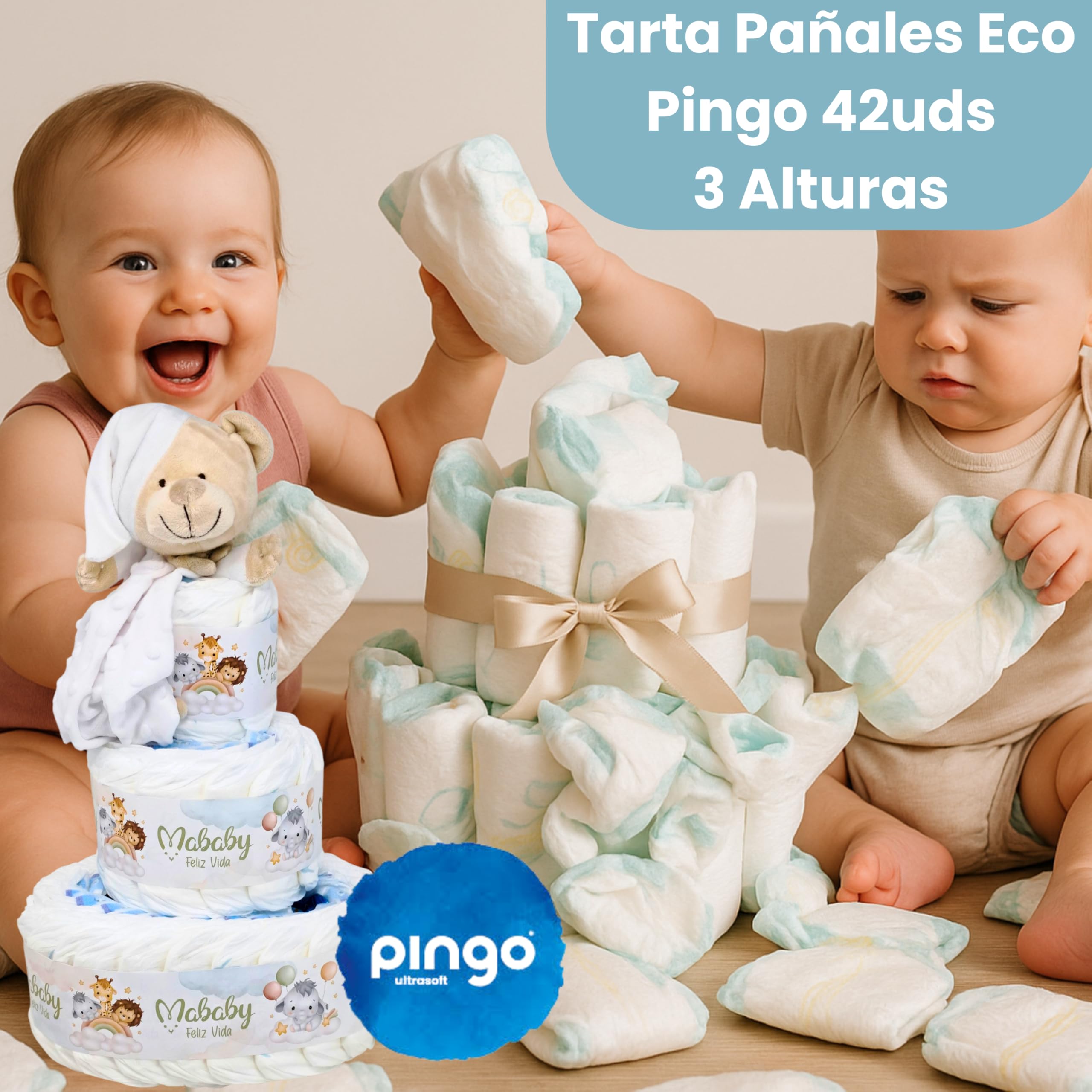 Tarta de Pañales Lavender, 42 Pañales y Doudou (Gris) | Tarta de 3 pisos con 42 pañales talla 2, doudou osito y chupete con nombre, set de higiene y toallitas