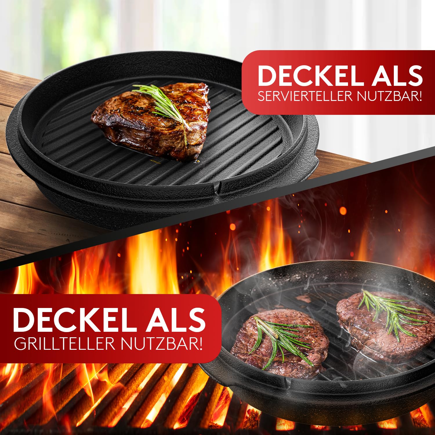 BBQ Dutch Oven [Das Original] - 7,4 Liter Dutch Oven Set mit Topfständer & 1,8 Liter Deckel mit Doppelfunktion zusätzlich als Grillpfanne nutzbar – inkl. Deckelheber und E-Book