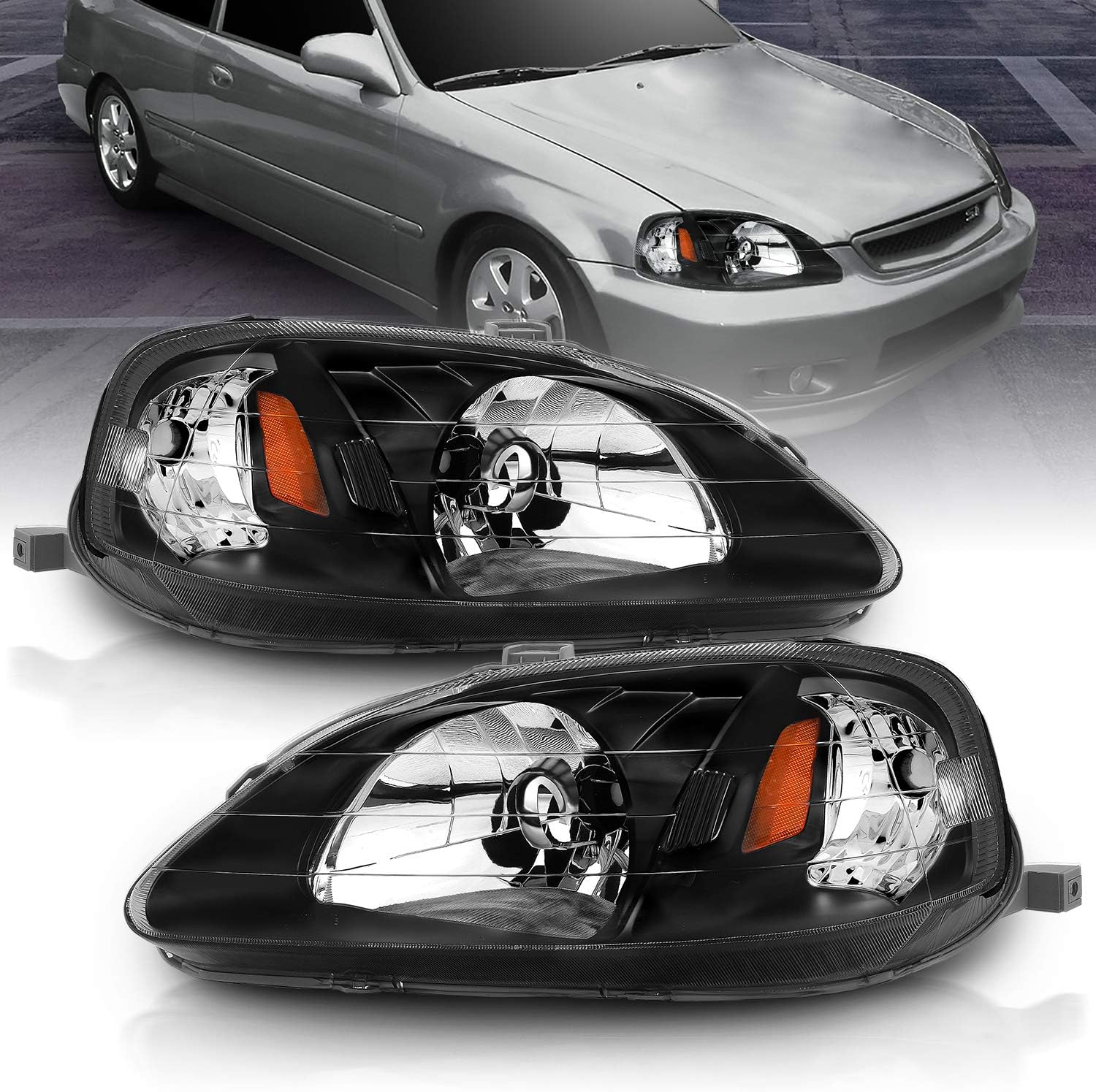 AmeriLite Black Replacement Headlights Set For 99-00 Honda Civic - Passenger and Driver Side