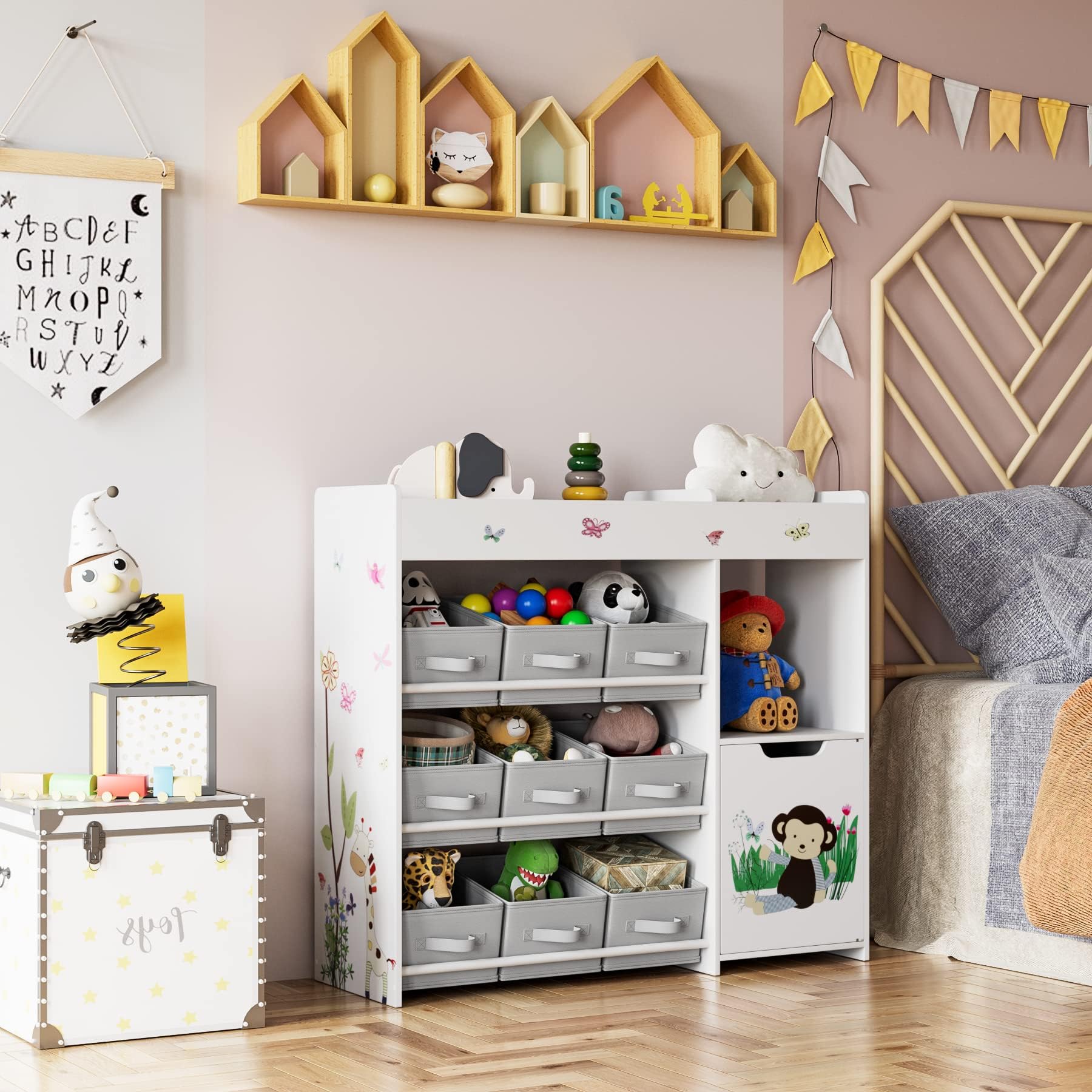 kinderzimmer spielzeug aufbewahrung WOLTU KR006 Kinderregal Spielzeugregal mit Abschließbarer Tür, 3 Regale