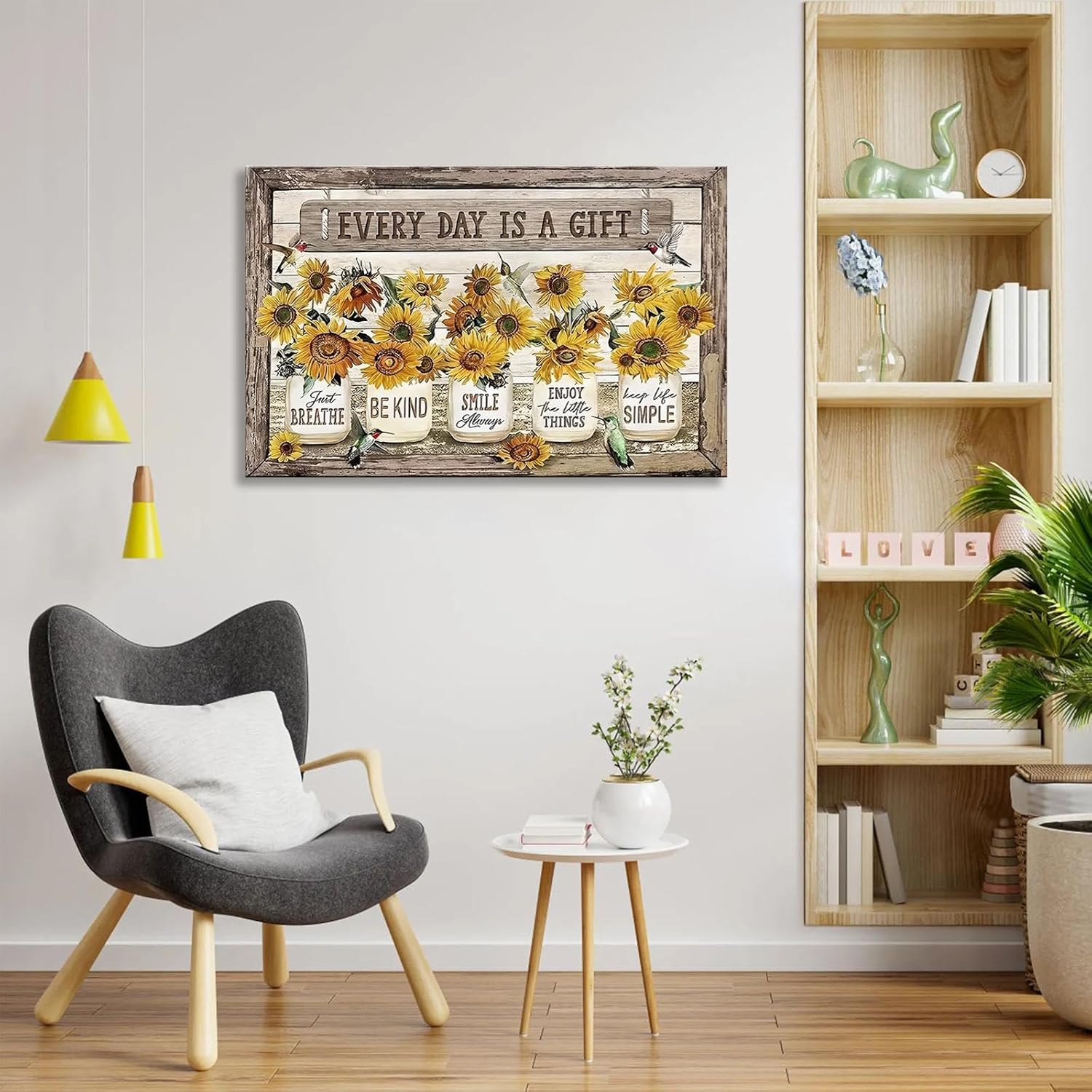Rustic Farmhouse Sunflower Canvas Wall Art Hummingbird Mason Jar Prints Every Day Is A Gift Vintage Country Inspirational Quote Decor for Livingroom Office Bedroom Kitchen Wall Decoration 16x24Inch