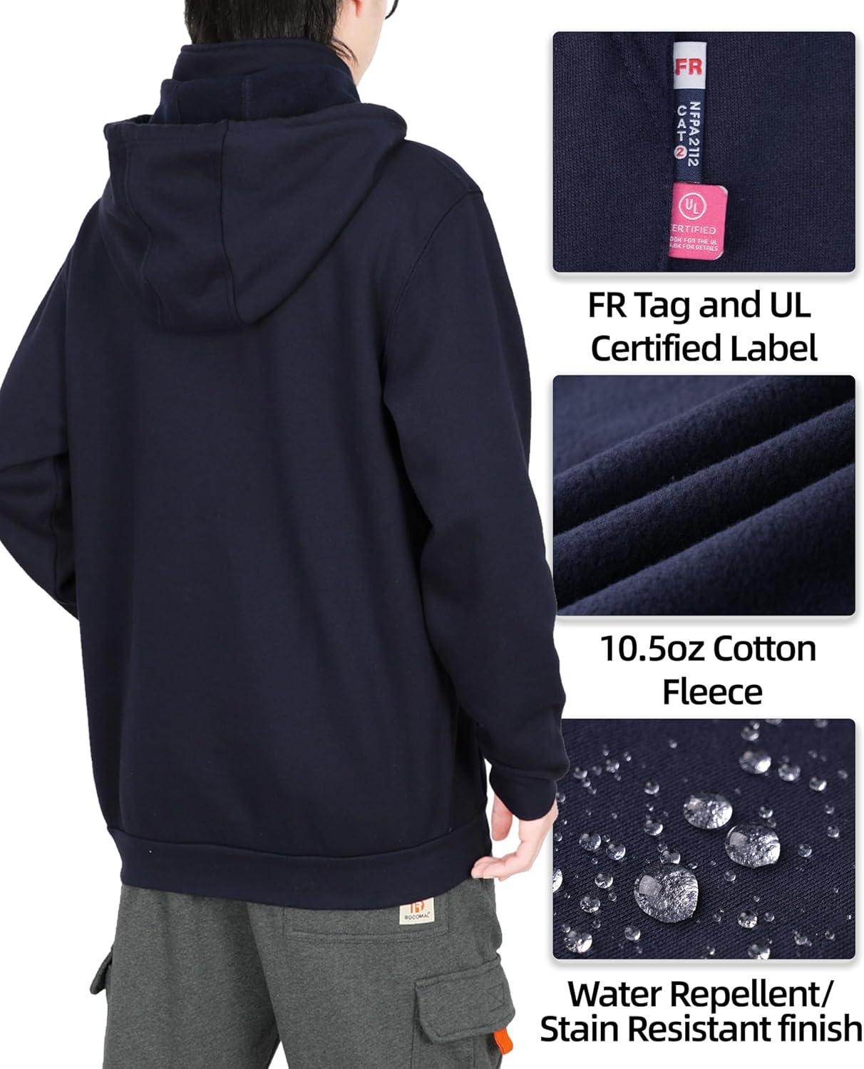BOCOMAL FR Hoodies 1/4 Zipper Pullover 10.5oz Cotton Fleece Fire Resistant Hooded Sweatshirts-NFPA2112 CAT2 - Image 5