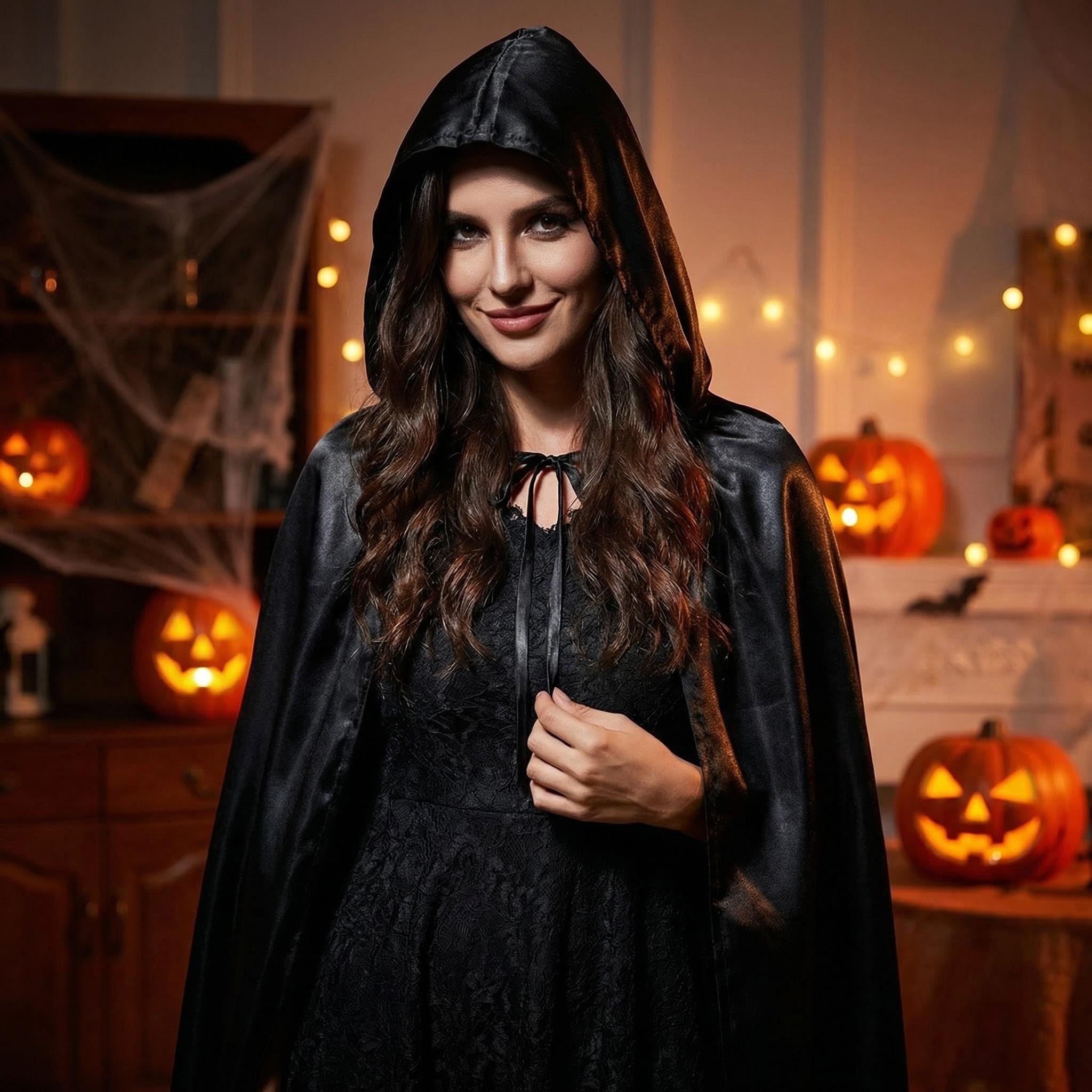 Cape Noire à Capuche Halloween - Costume Sorcier Vampire Adulte