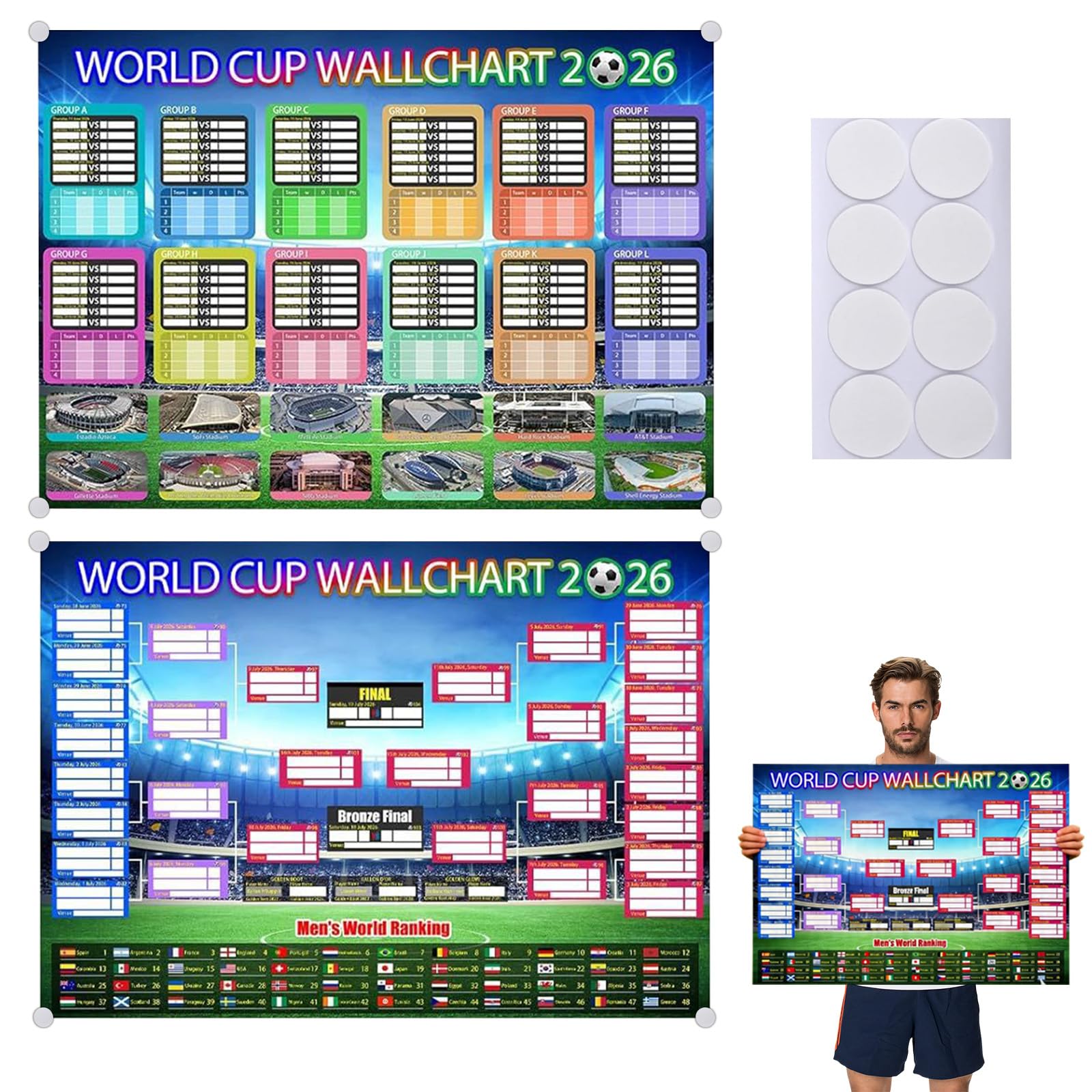 2pcs World Cup Football 2026 Wall Chart A2 Sizes for Football Party Decorations 2026,World Cup WallChart Poster Planner Includes 48 Teams Group Knockout Final Results Wall Calendar for Football Fans