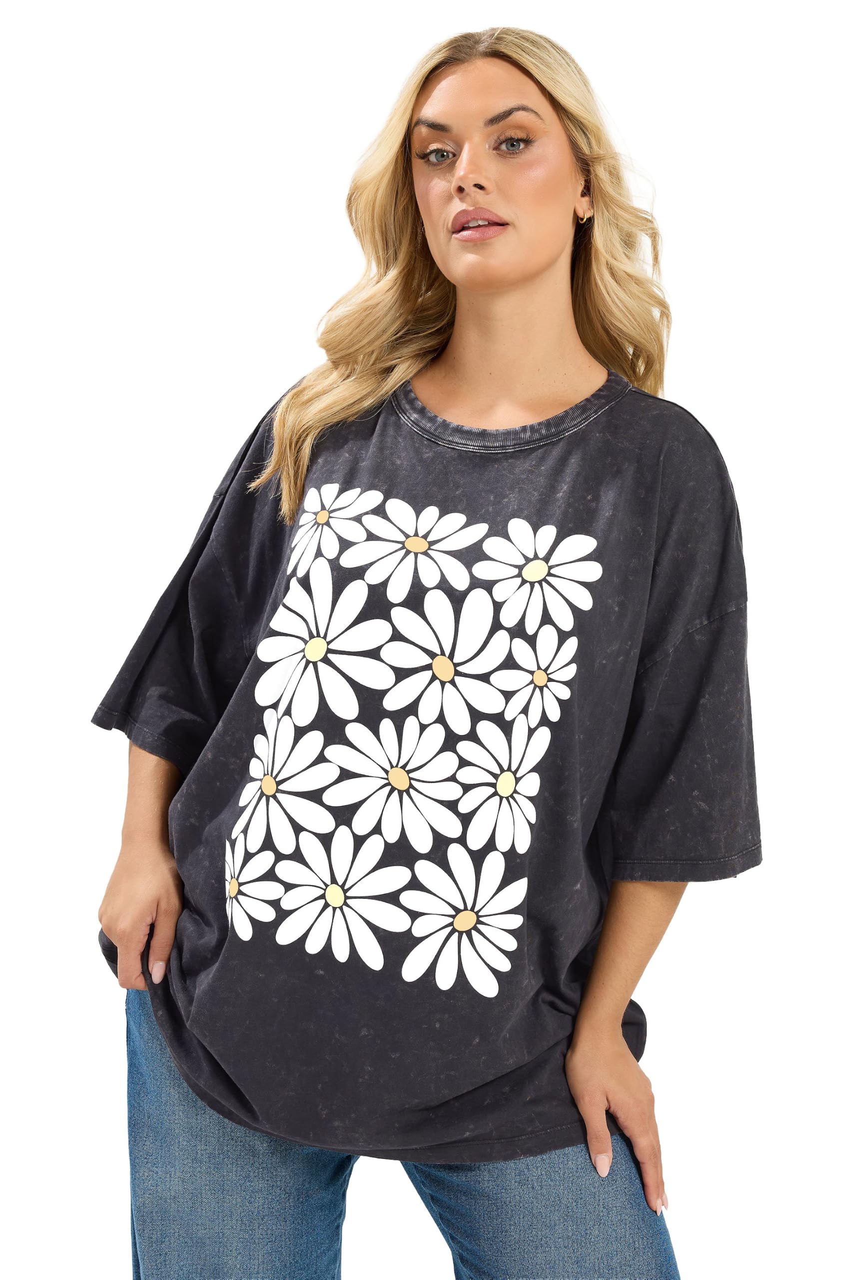 Yours Women's Grey Acid Wash Boxy Daisy Print T-Shirt In | Size: 26-28