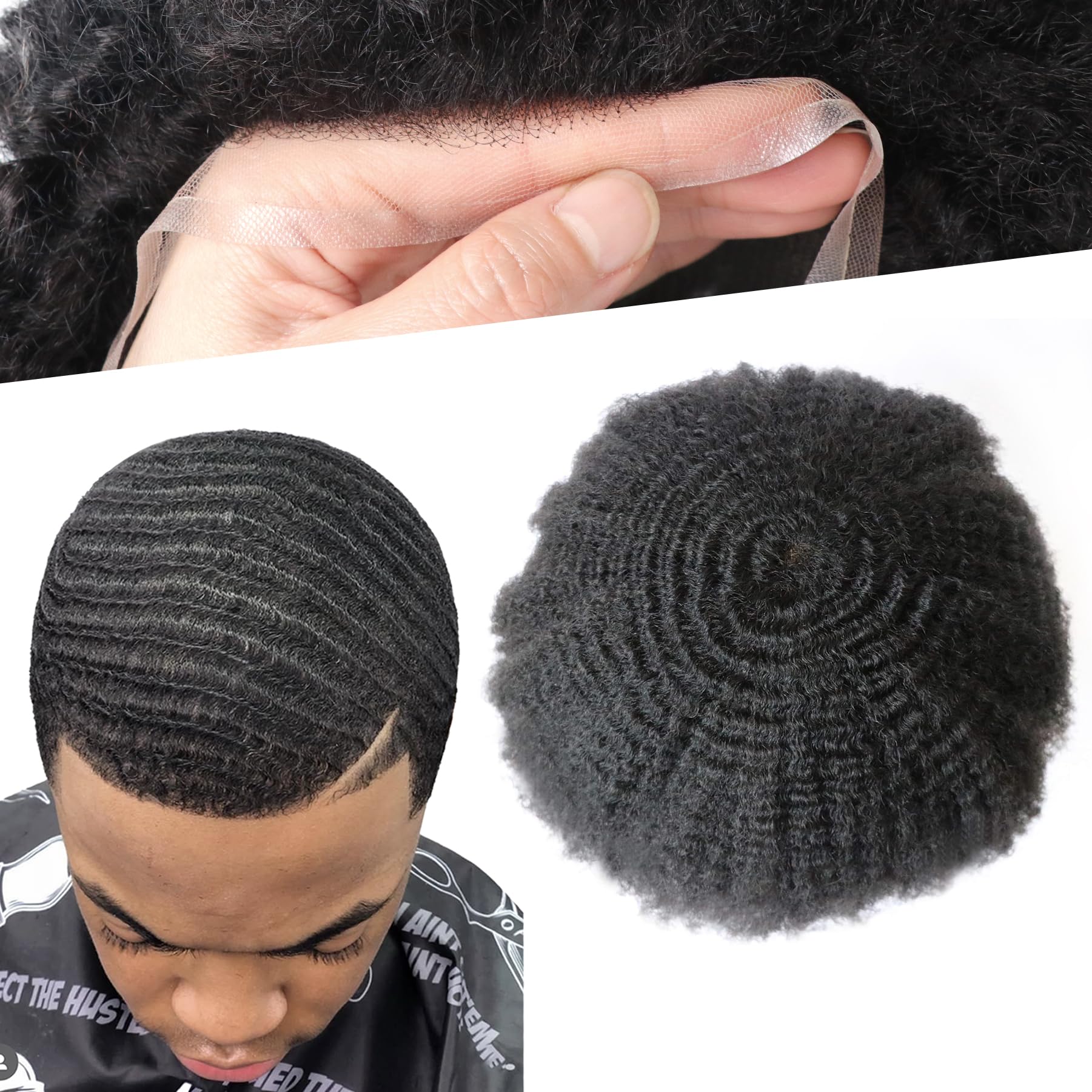 lumeng Afro Toupee 6mm Man Weave Hair Unit for Black Men Kinky 360 Wave Mans Toupees Afro Curly Mens Toupee Transparent Lace Base 100% Human Hair