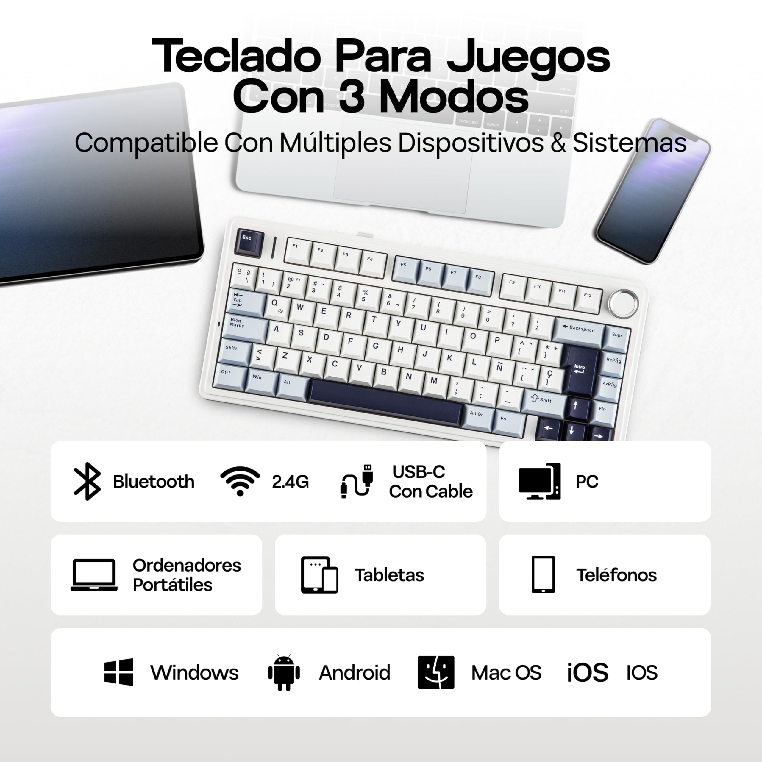 MechLands Aula F75 75% Teclado Mecánico para Gaming, Distribución QWERTY Español, Retroiluminación RGB, Teclado BT5.0/USB-C/2,4 GHz con Mando Giratorio, Reaper Switches para Win/Mac (Azul Claro)