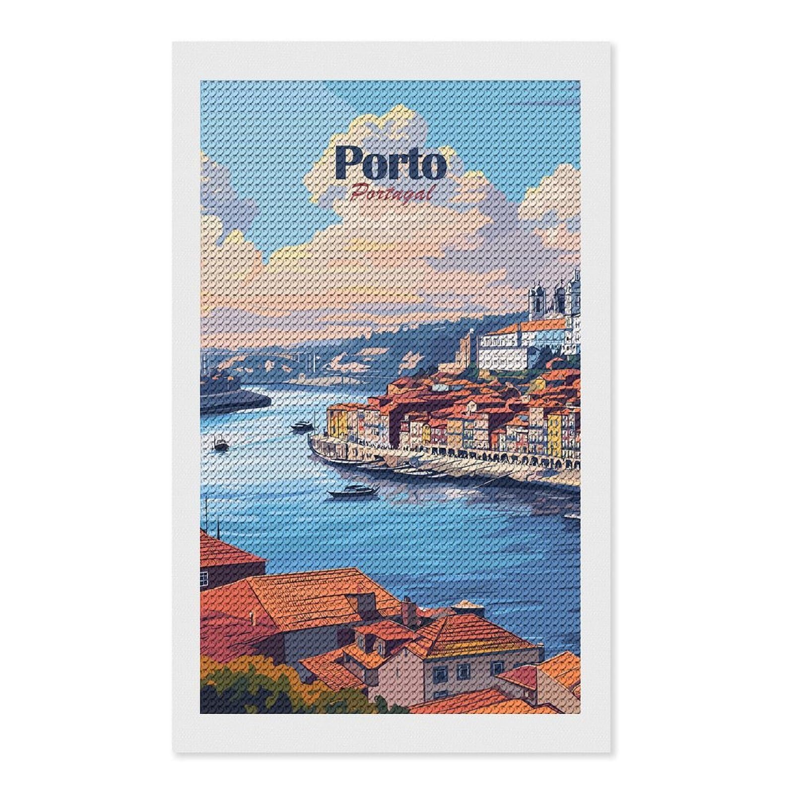 Junmoney Porto, Portugal Cityscape DIY Diamond Art Canvas Kit 12"x20", Christmas Gift, for Family Craft Time, Leisure Activity, Home Wall Art