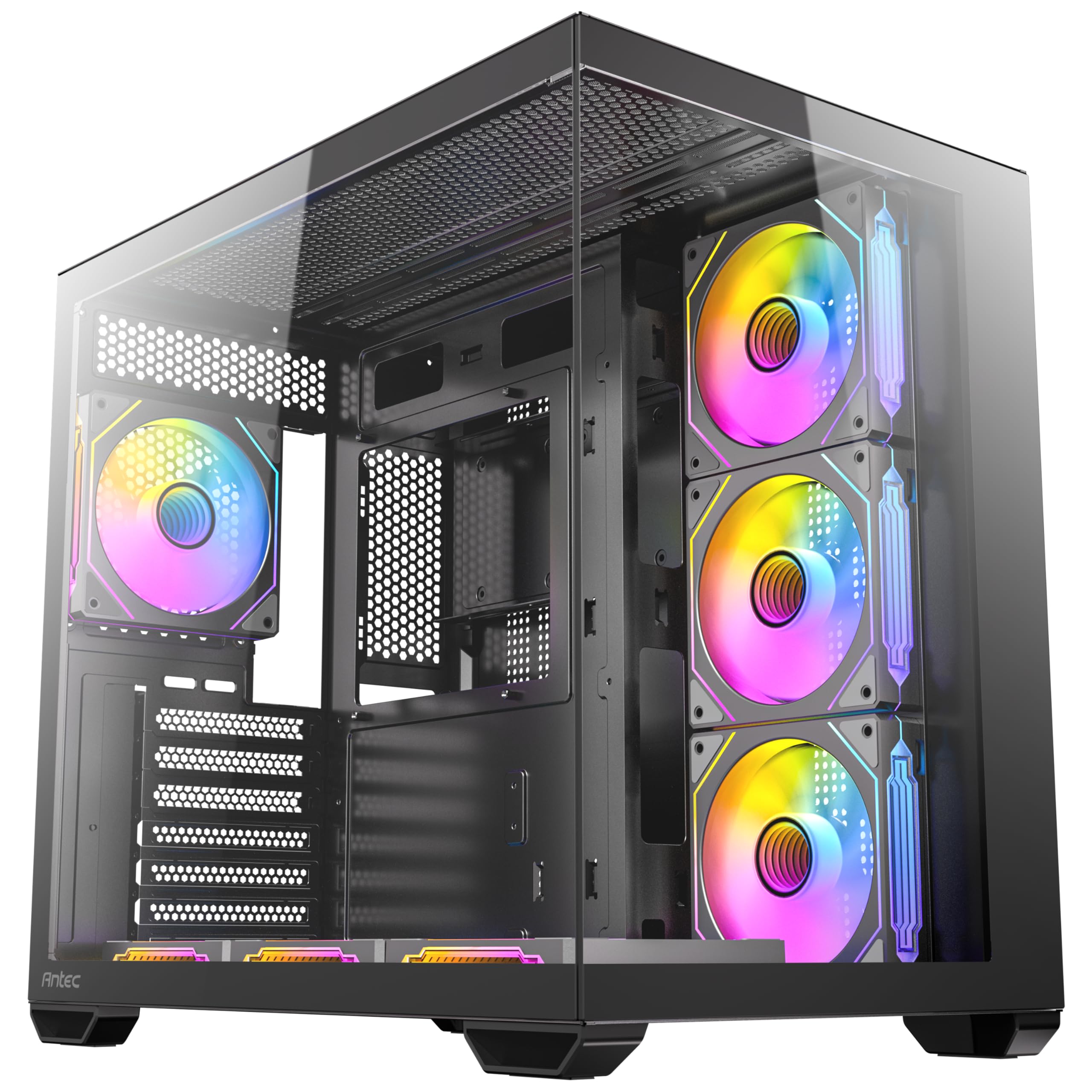 Antec CX Mirror Mini Kule Bilgisayar Kasası, Siyah, 270° Panoramik Temperli Cam, Çift Kamera Tasarımı, 7x120mm ARGB Fan Dahil, 360mm Radyatör Desteği, Type-C 3.2 Gen 1, LED Kontrol Düğmesi