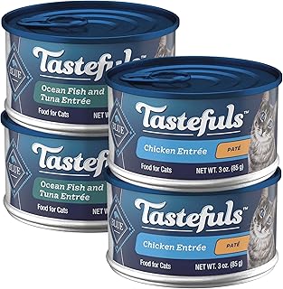 Blue Buffalo Tastefuls Wet Cat Food, Made with Natural Ingredients, Chicken and Ocean Fish Paté Entrées, 3oz Cans, 4-Count Variety Pack Trial Size