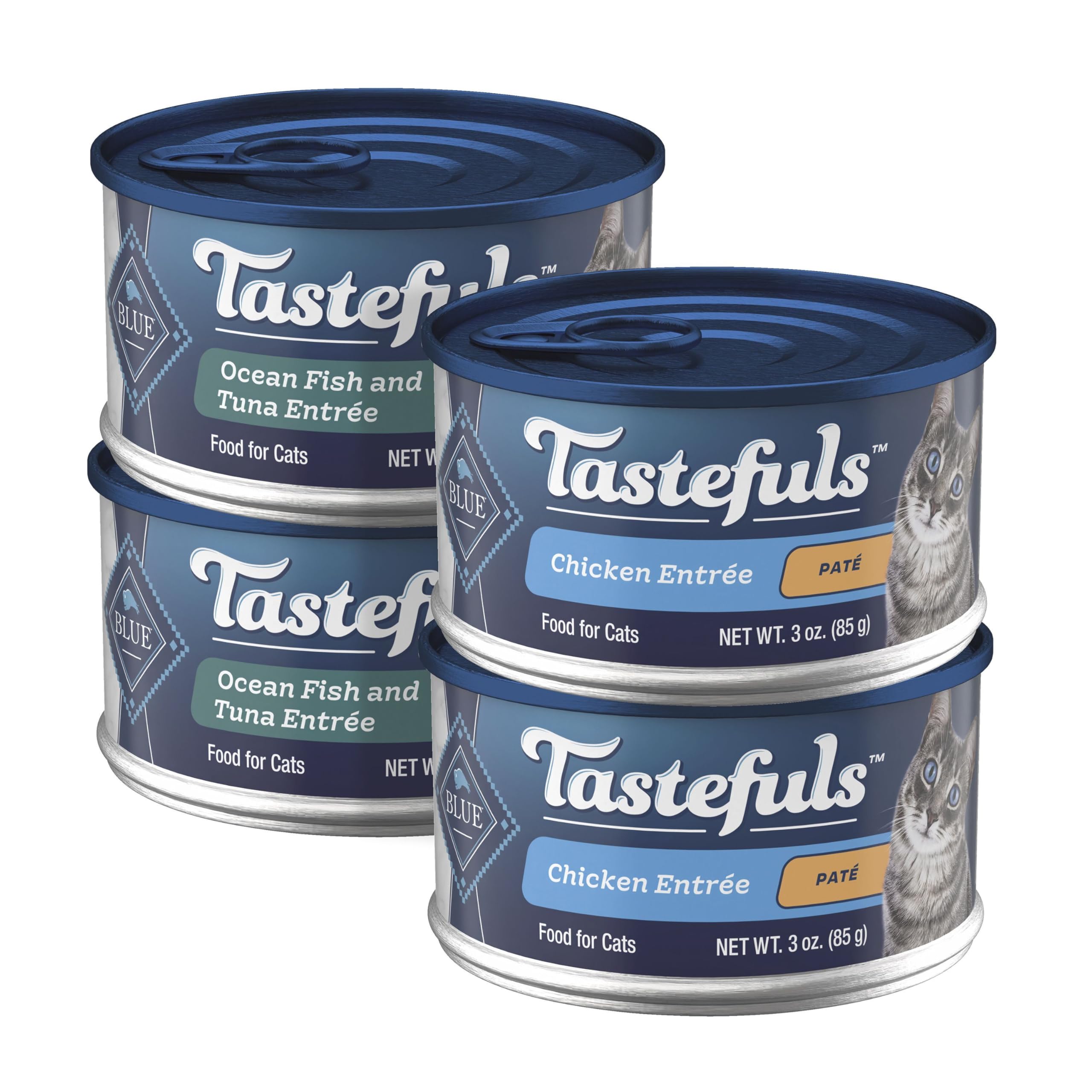 Blue Buffalo Tastefuls Wet Cat Food, Made with Natural Ingredients, Chicken and Ocean Fish Paté Entrées, 3oz Cans, 4-Count Variety Pack Trial Size