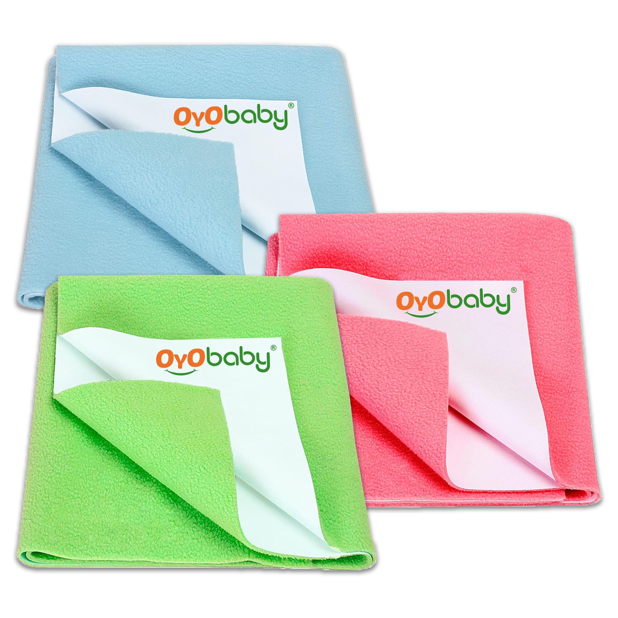 OYO BABY Baby Bed Protector Combo | 3 Pieces: 1 Large Dry Sheet 140×100 cm + 2 Medium Dry Sheets 100×70 cm | Waterproof, Breathable, Anti-Pilling & Quick-Dry | Sea Blue + Salmon Rose + Light Green