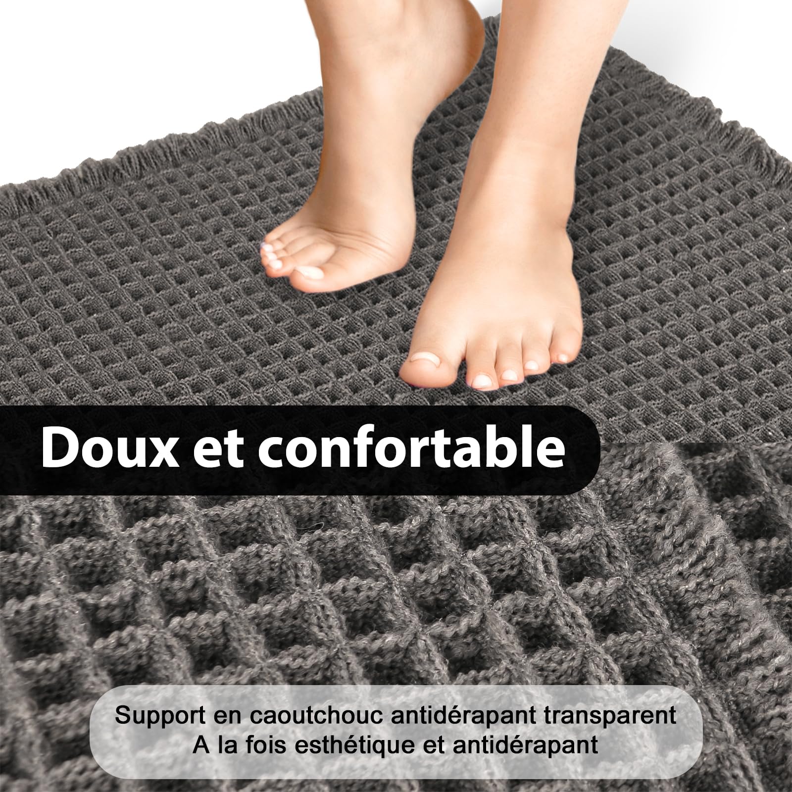 Tapis de Bain Antidérapant Ultra Doux Gaufres avec Glands, Absorbant Lavable en Machine 61 x 122 cm Gris Foncé