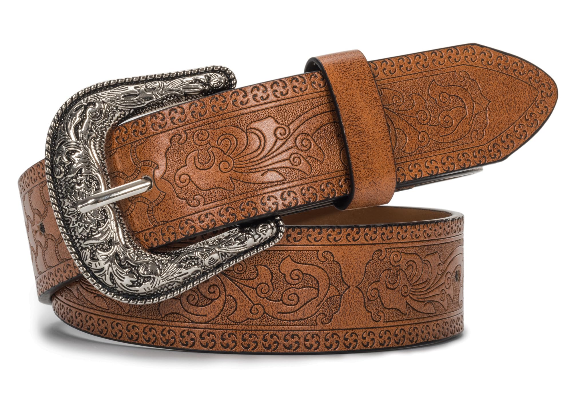 Vintage WesternCowboyBelt for Women Men Carved Buckle PU Leather