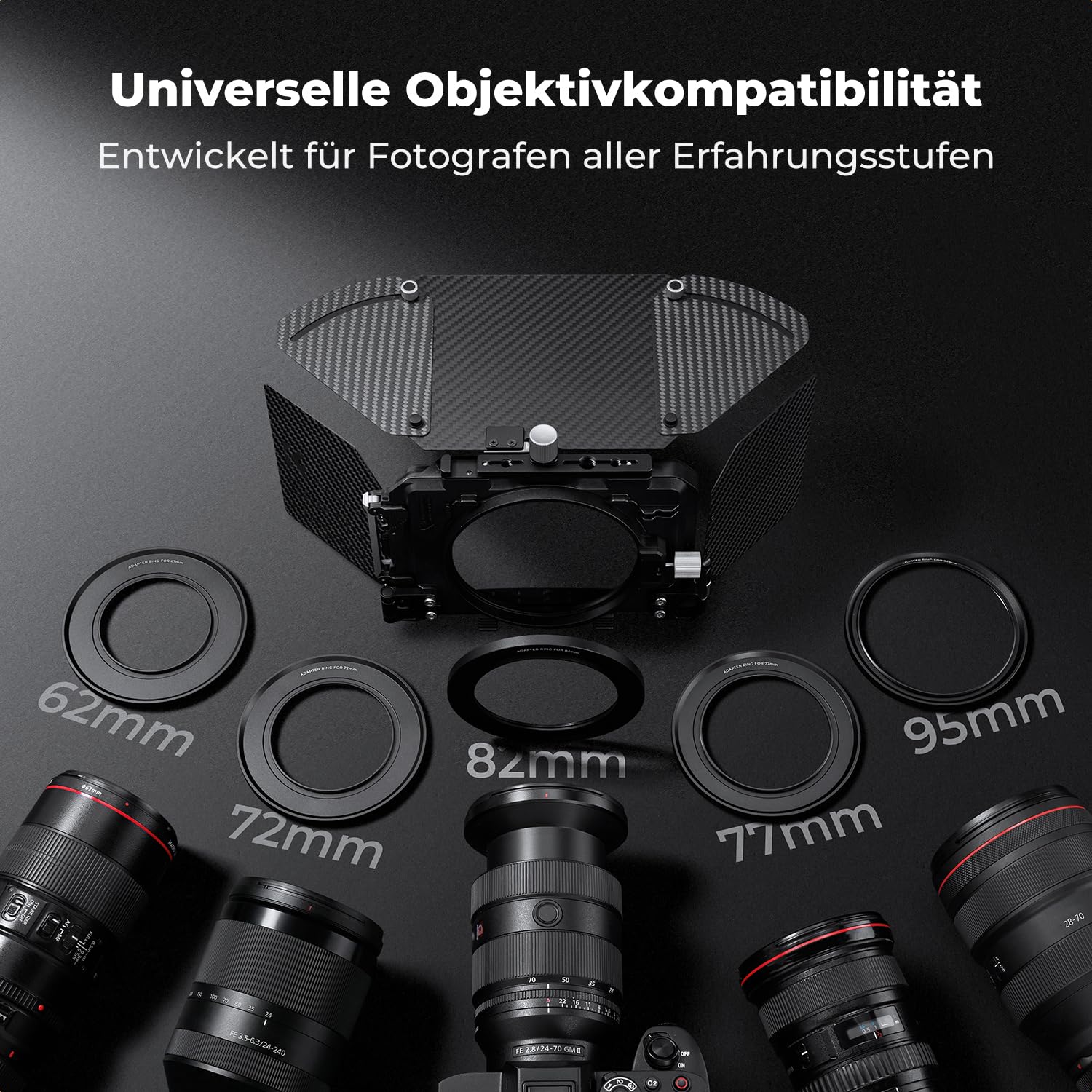 K&F CONCEPT Nano-X Pro Mini Matte Box mit Karbonfaser-Flaggen-Seitenklappe oben, mit 10,2 x 14,6 cm quadratischen Filterschalen und 67/72/77/82/95 mm Objektivadapterringen für spiegellose DSLR-Kameras