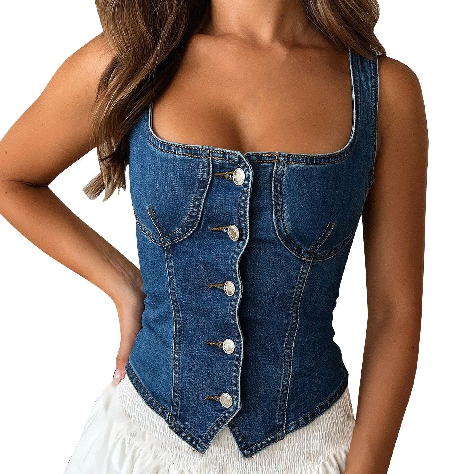 Denim Top Damen Ärmelloses Sommertop Jeans Weste Y2K Tops Quadratischem Ausschnitt Knopfleiste Tanktop Slim Fit Oberteil Bauchfreies Trägertop Freizeittop Casualtop Sommer Outfits