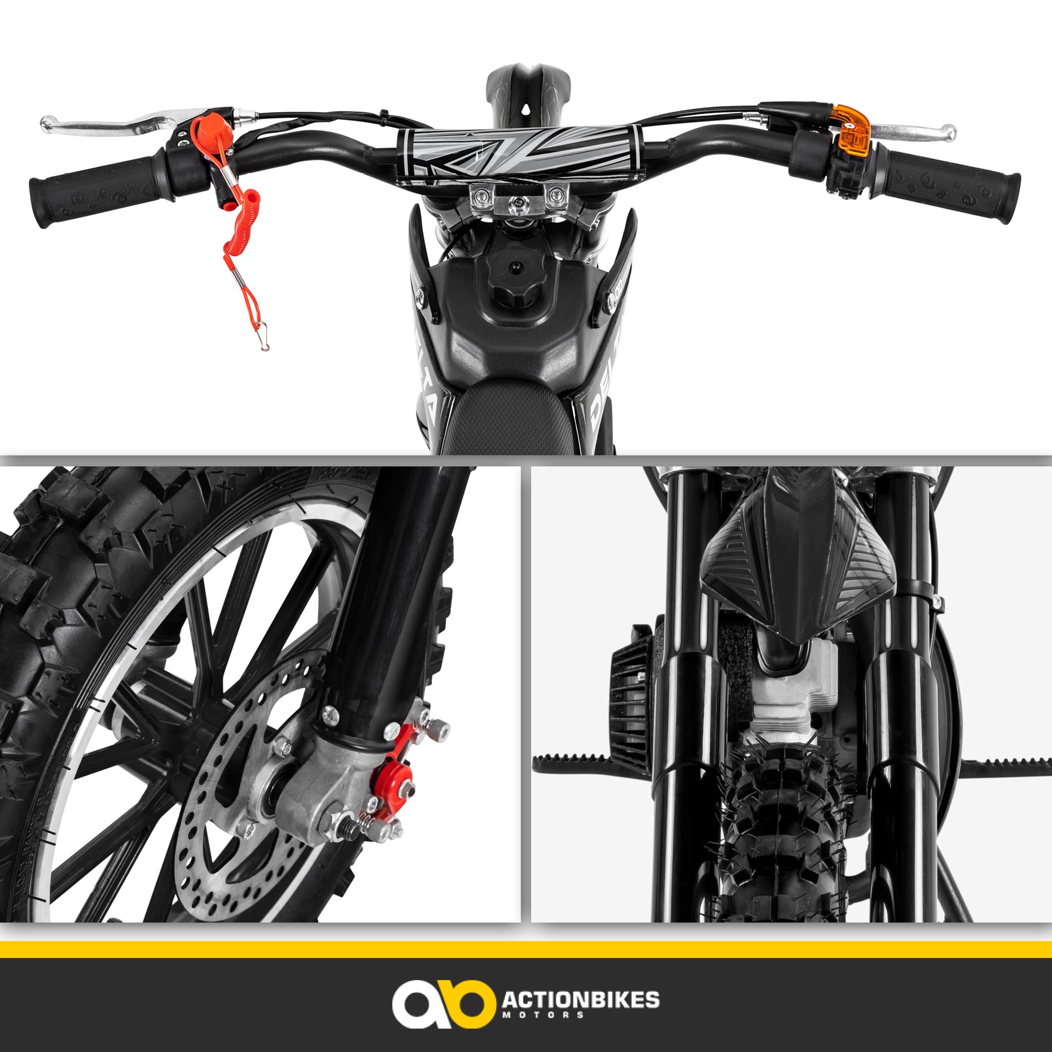 Actionbikes Motors Mini Delta 49 CC Moto-Cross pour Enfants | Freins à Disque - Filtre à air Sport - Échappement Sport - Pneus à air - Pocket Bike - Moto - Motocross - Dirt Bike - Dirtbike (Noir)