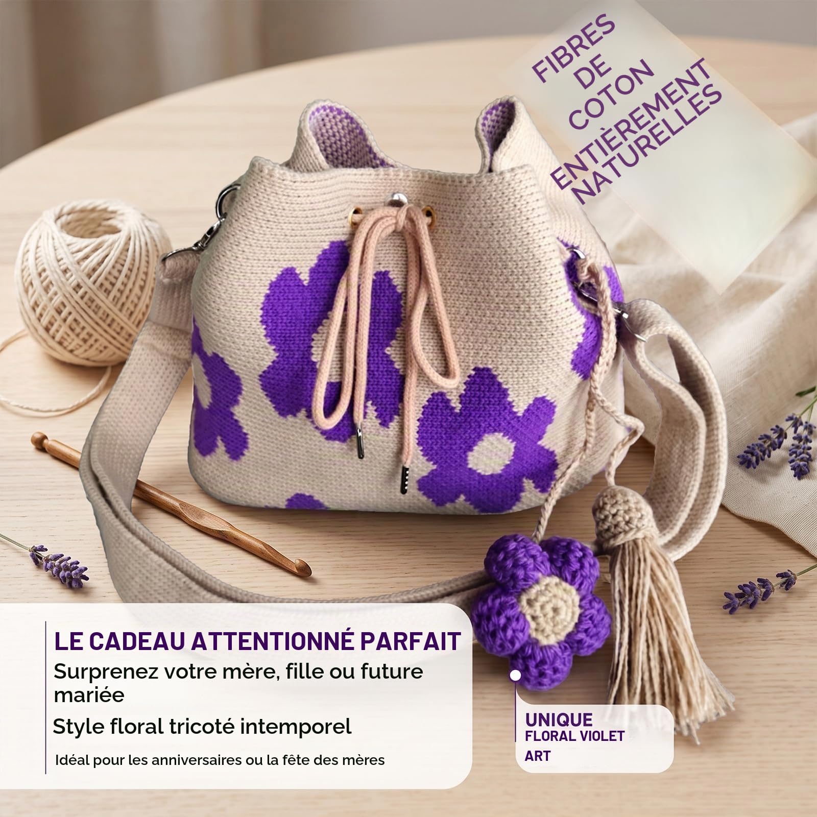 Sac fourre-tout à fleurs en crochet fait à la main, sac à bandoulière en maille beige renforcée avec charme floral, vacances d'été à la plage et marché fermier, marché de grande capacité(Style E)