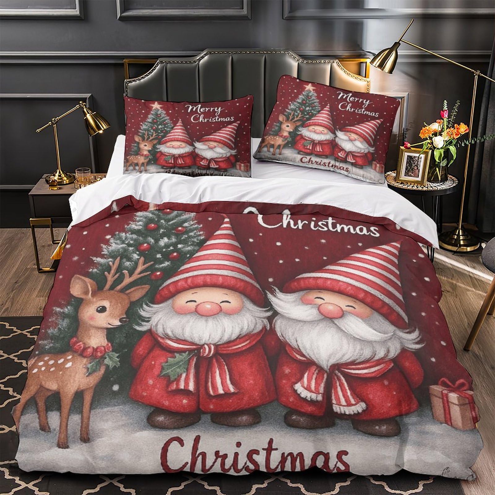 Parure de lit gnomes de Noël 3D en microfibre avec fermeture éclair