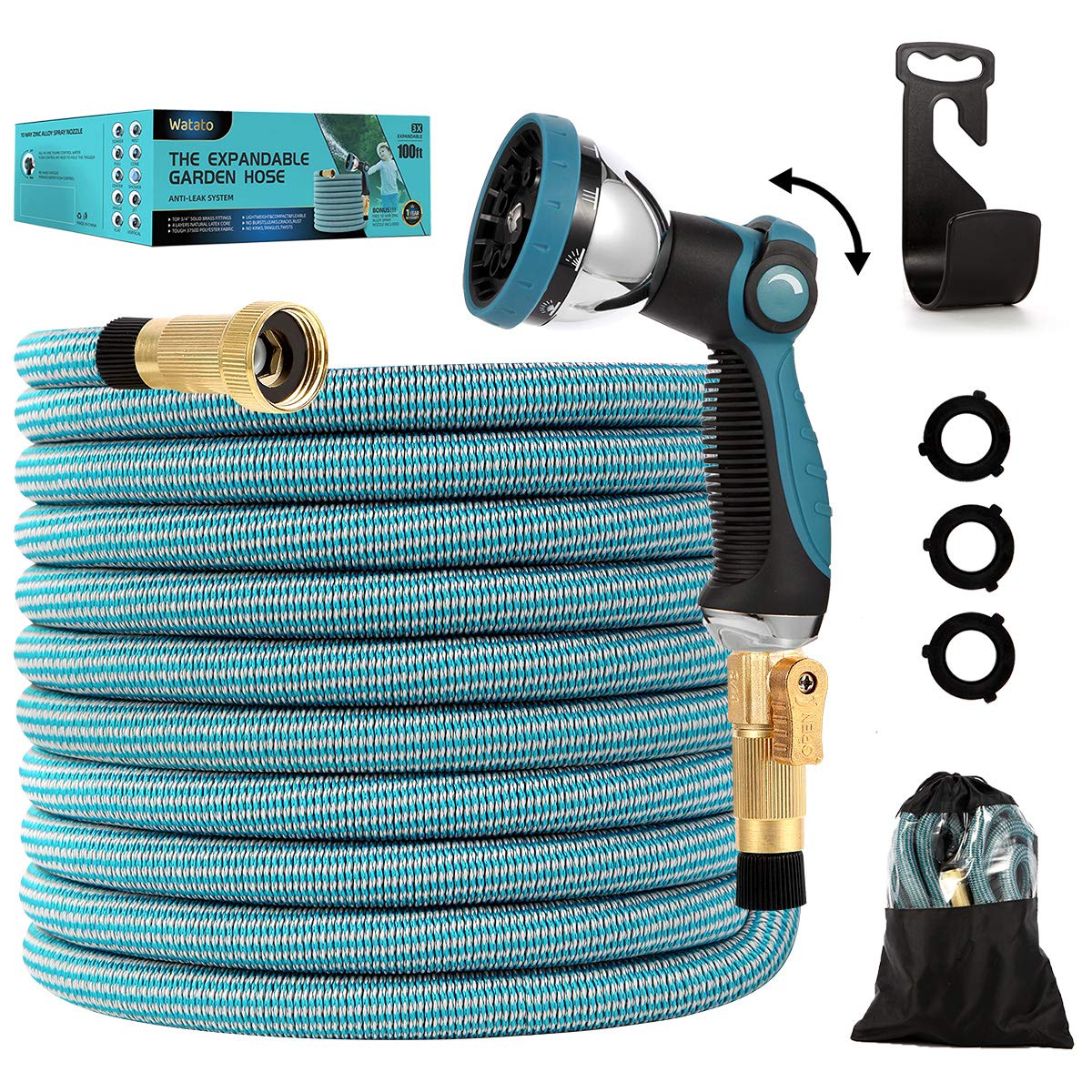 Watato Expandable Garden Hose 100ft-Water Hose with Durable 10 Way Zinc Alloy Spray Nozzle-4 Layers 