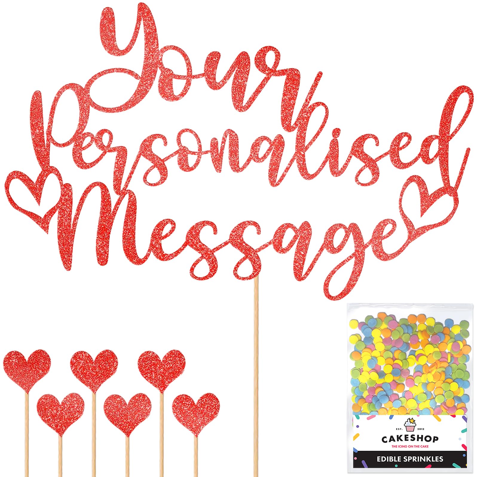Any Text Personalised Glitter Cake Topper - Red Name, Age, Words Glitter Cake Decoration and Sprinkles - Happy Birthday Decorations - Personalised Toppers for Cakes by Cakeshop