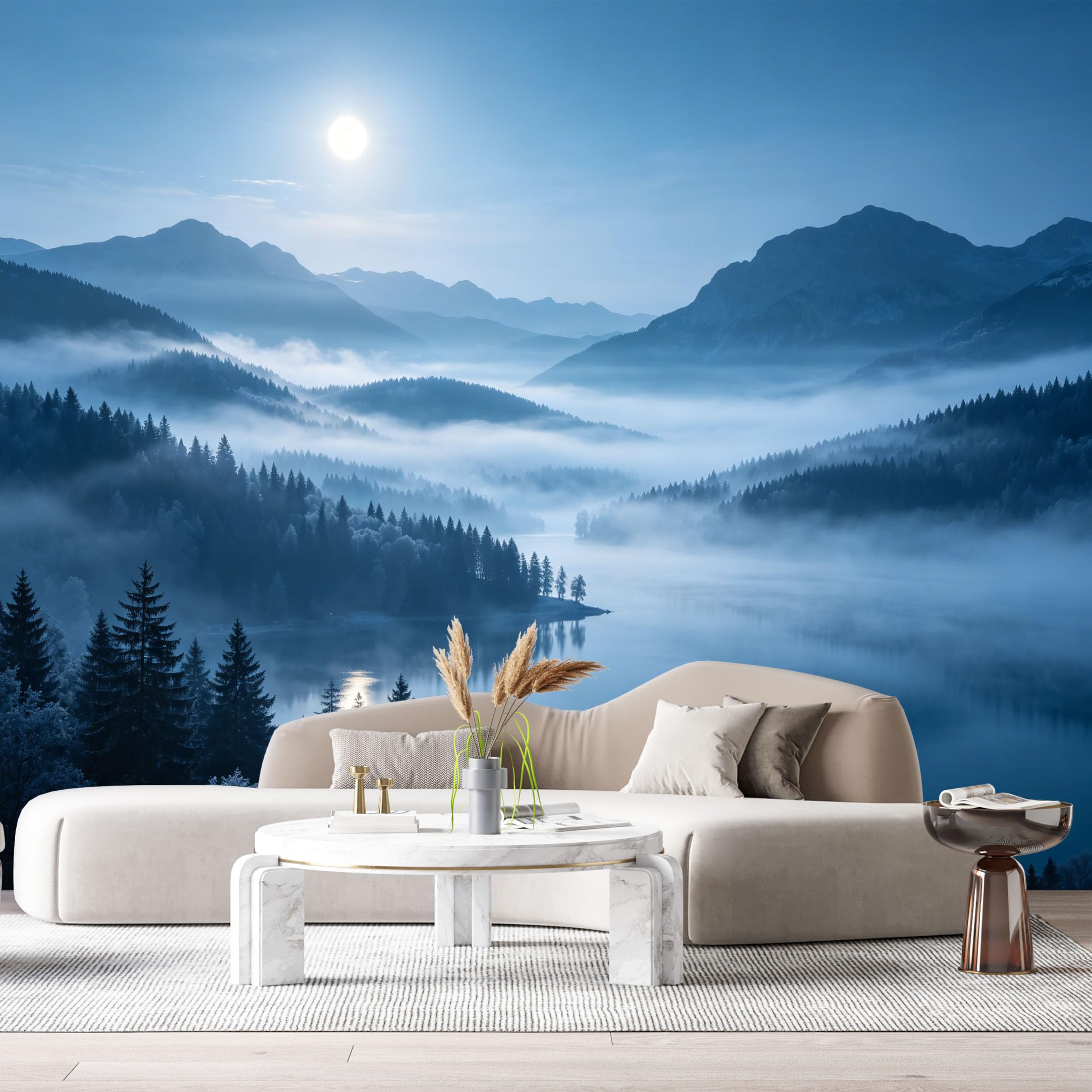 Custom Size Wall Murals Mountain Lake Landscape Forest Foggy Mist Minimalist SelfAdhesive Wall Fabric Removable Large Wallpaper for Photo Living Room