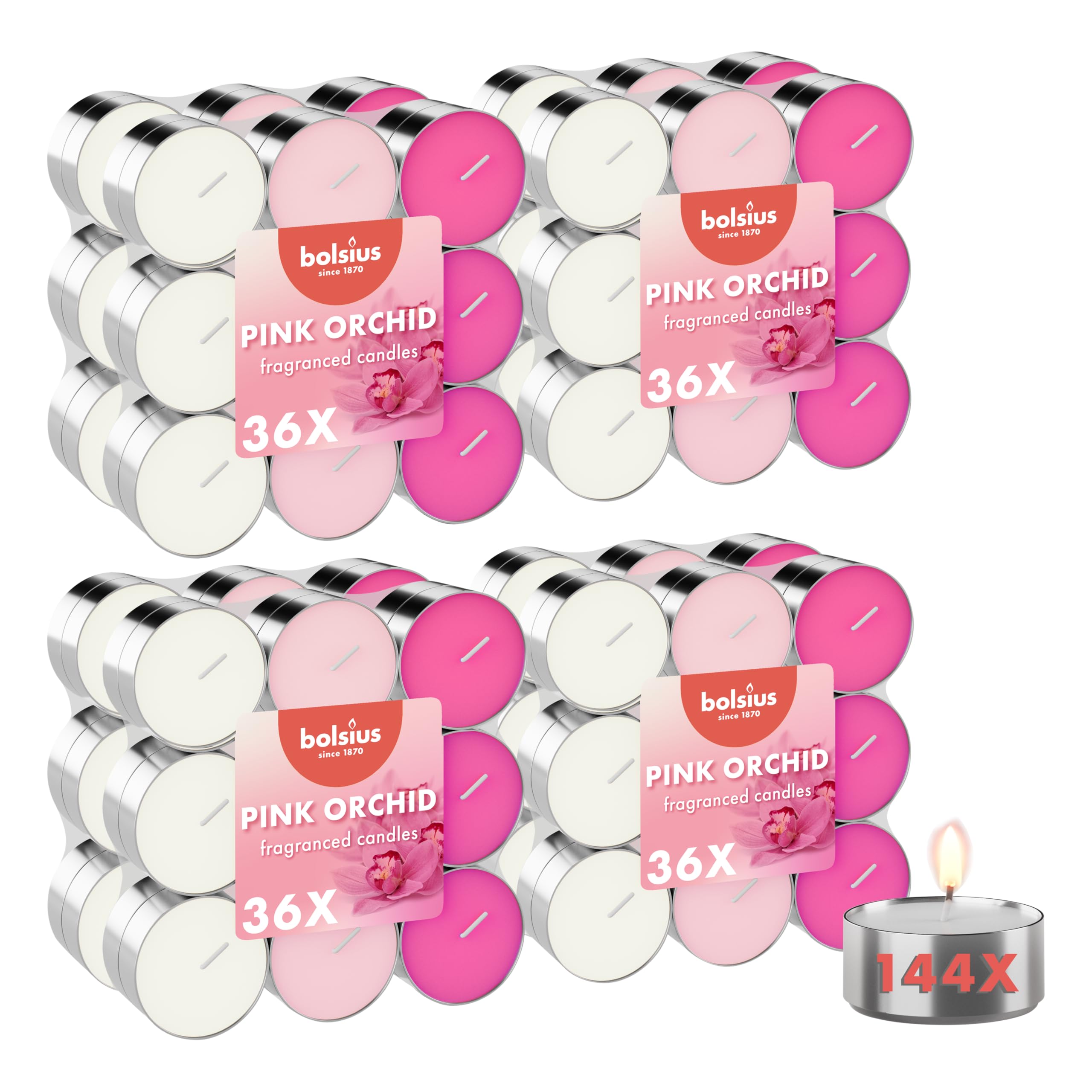 Bolsius - Scented Tea Lights in Three Colours - Pink Orchid - Pack of 144 - Natural Extracts - Contains Vegan Wax - Palm Oil Free — image 1